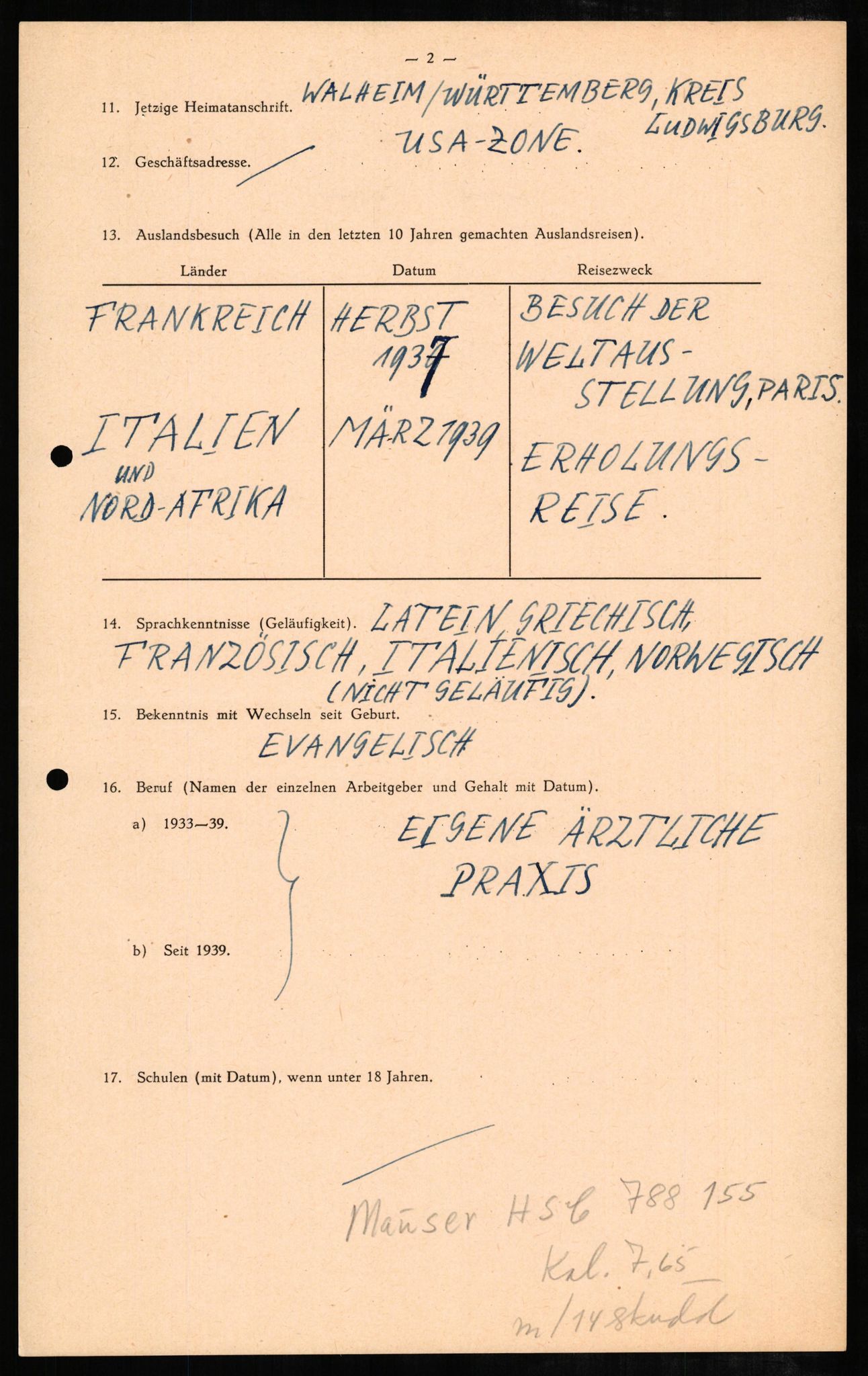 Forsvaret, Forsvarets overkommando II, AV/RA-RAFA-3915/D/Db/L0005: CI Questionaires. Tyske okkupasjonsstyrker i Norge. Tyskere., 1945-1946, p. 448