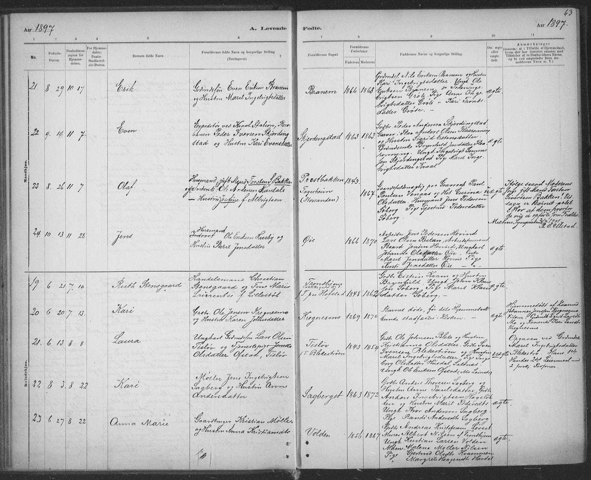 Ministerialprotokoller, klokkerbøker og fødselsregistre - Sør-Trøndelag, AV/SAT-A-1456/691/L1085: Parish register (official) no. 691A17, 1887-1908, p. 63