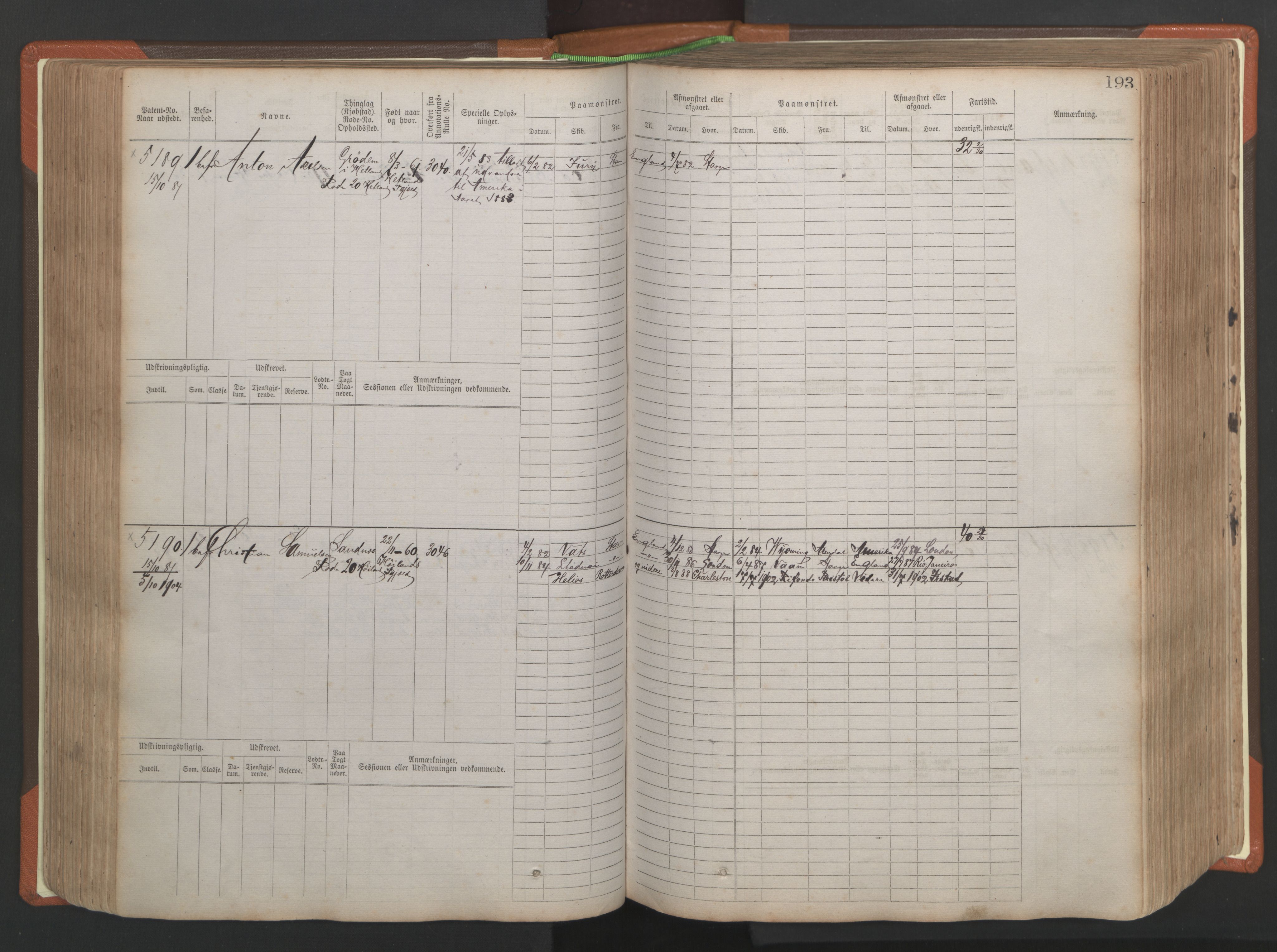 Stavanger sjømannskontor, AV/SAST-A-102006/F/Fb/Fbb/L0009: Sjøfartshovedrulle, patentnr. 4805-6006, 1879-1887, p. 199