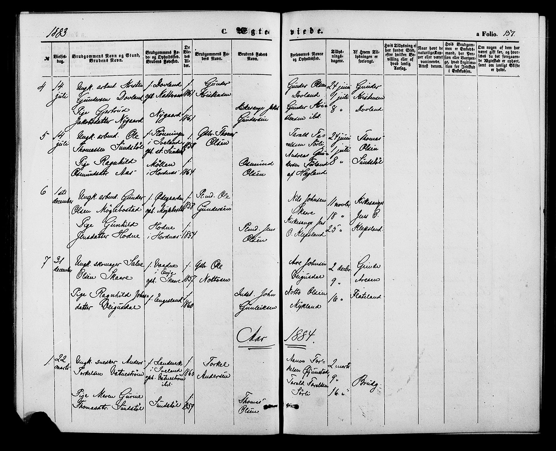 Herefoss sokneprestkontor, SAK/1111-0019/F/Fa/Fab/L0003: Parish register (official) no. A 3, 1875-1886, p. 157