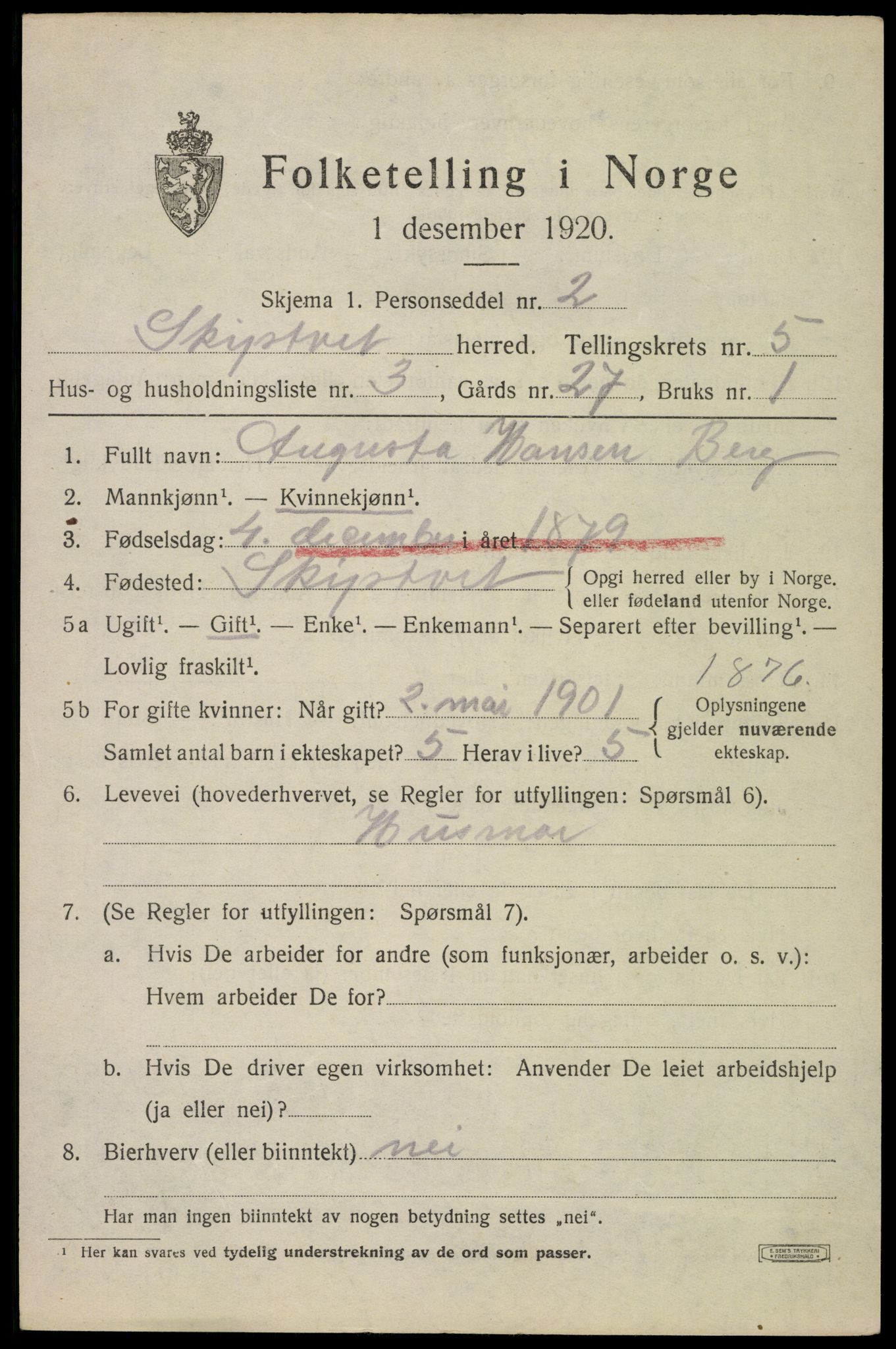 SAO, 1920 census for Skiptvet, 1920, p. 5209