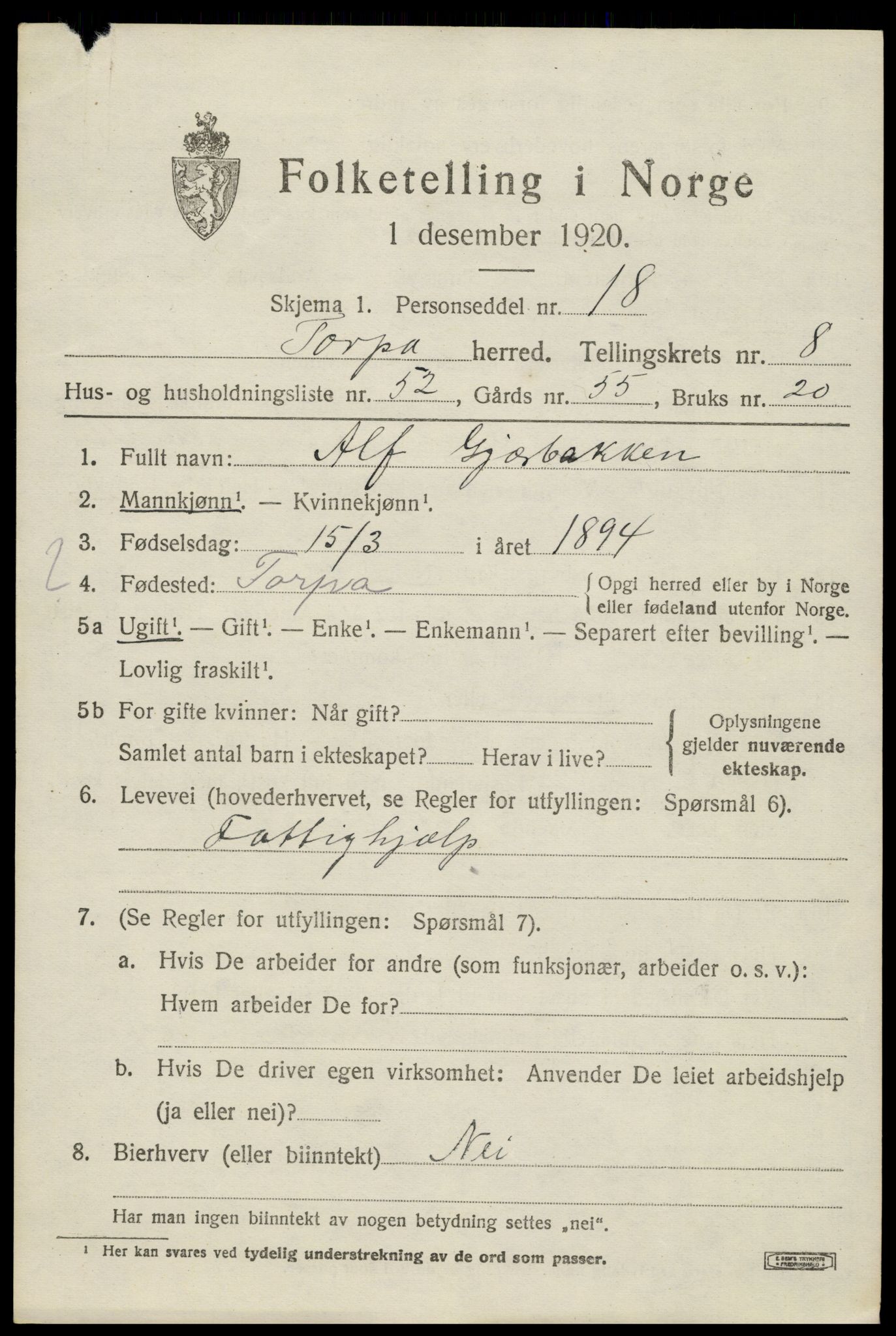 SAH, 1920 census for Torpa, 1920, p. 5217