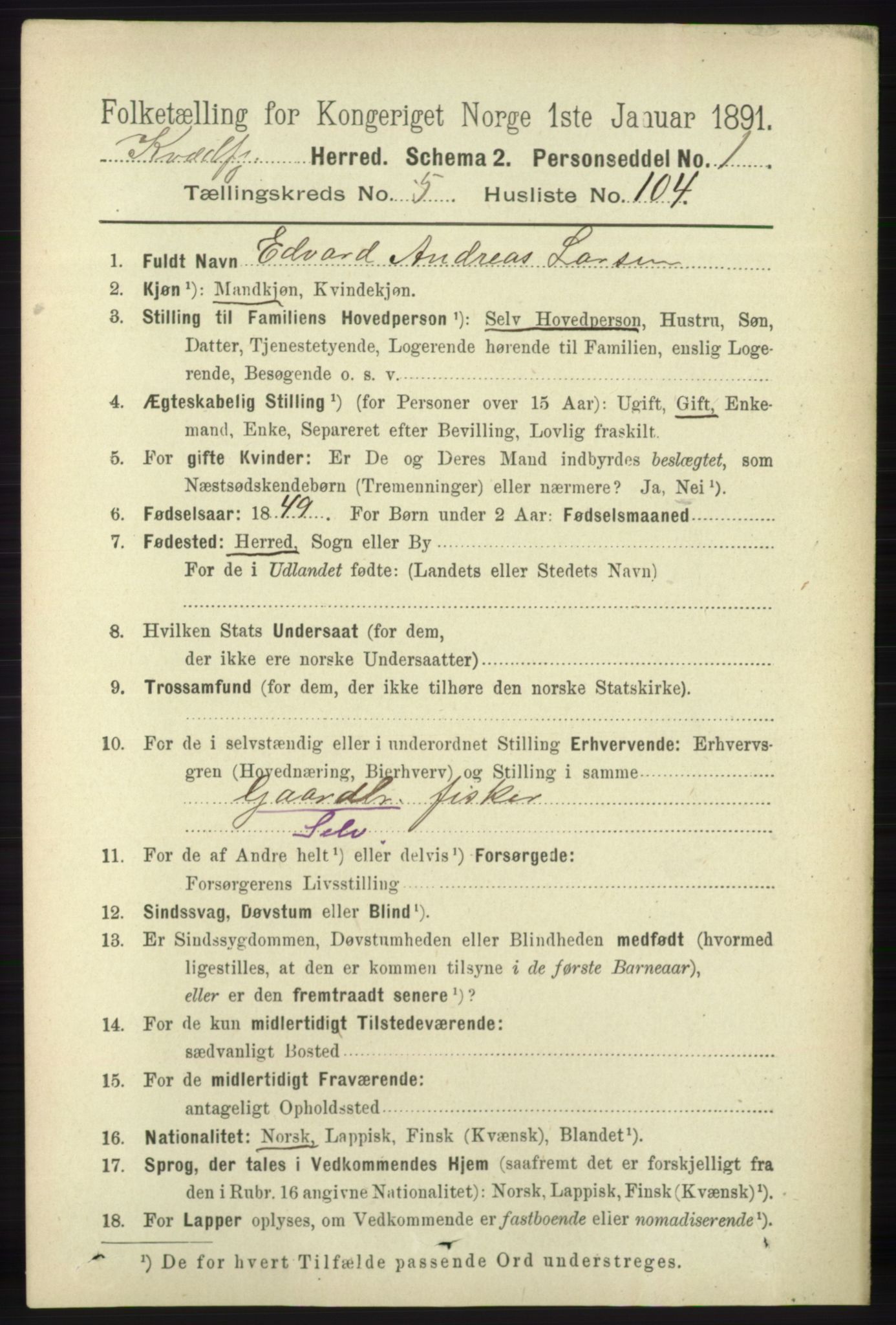 RA, 1891 census for 1911 Kvæfjord, 1891, p. 3494
