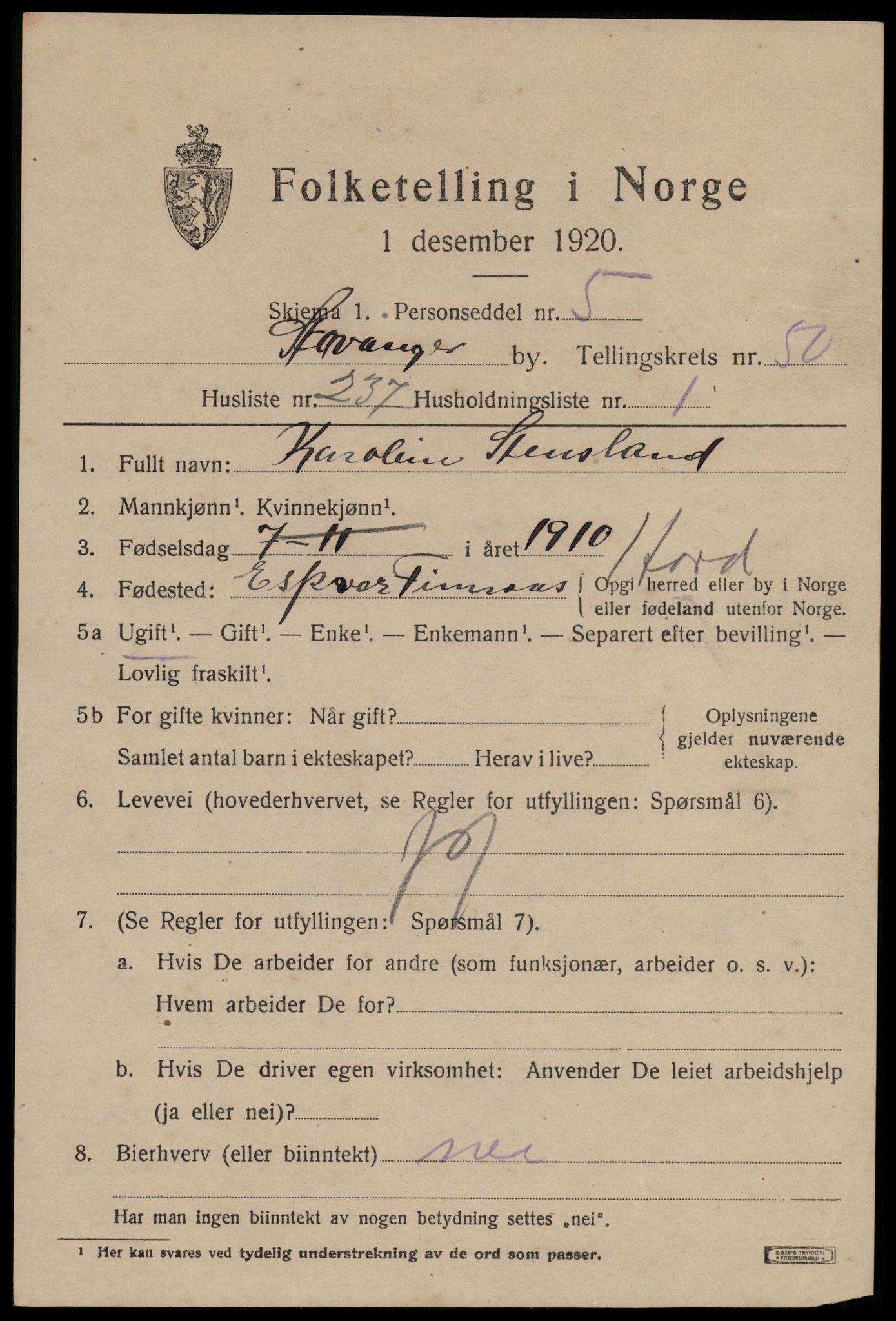 SAST, 1920 census for Stavanger, 1920, p. 122320