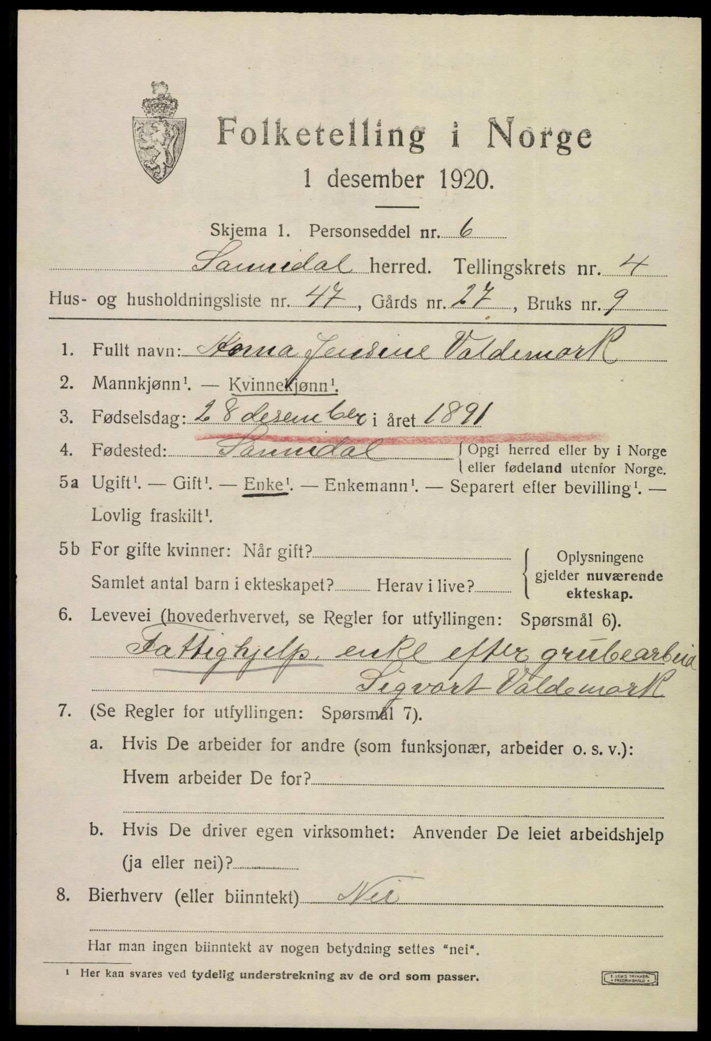 SAKO, 1920 census for Sannidal, 1920, p. 4057