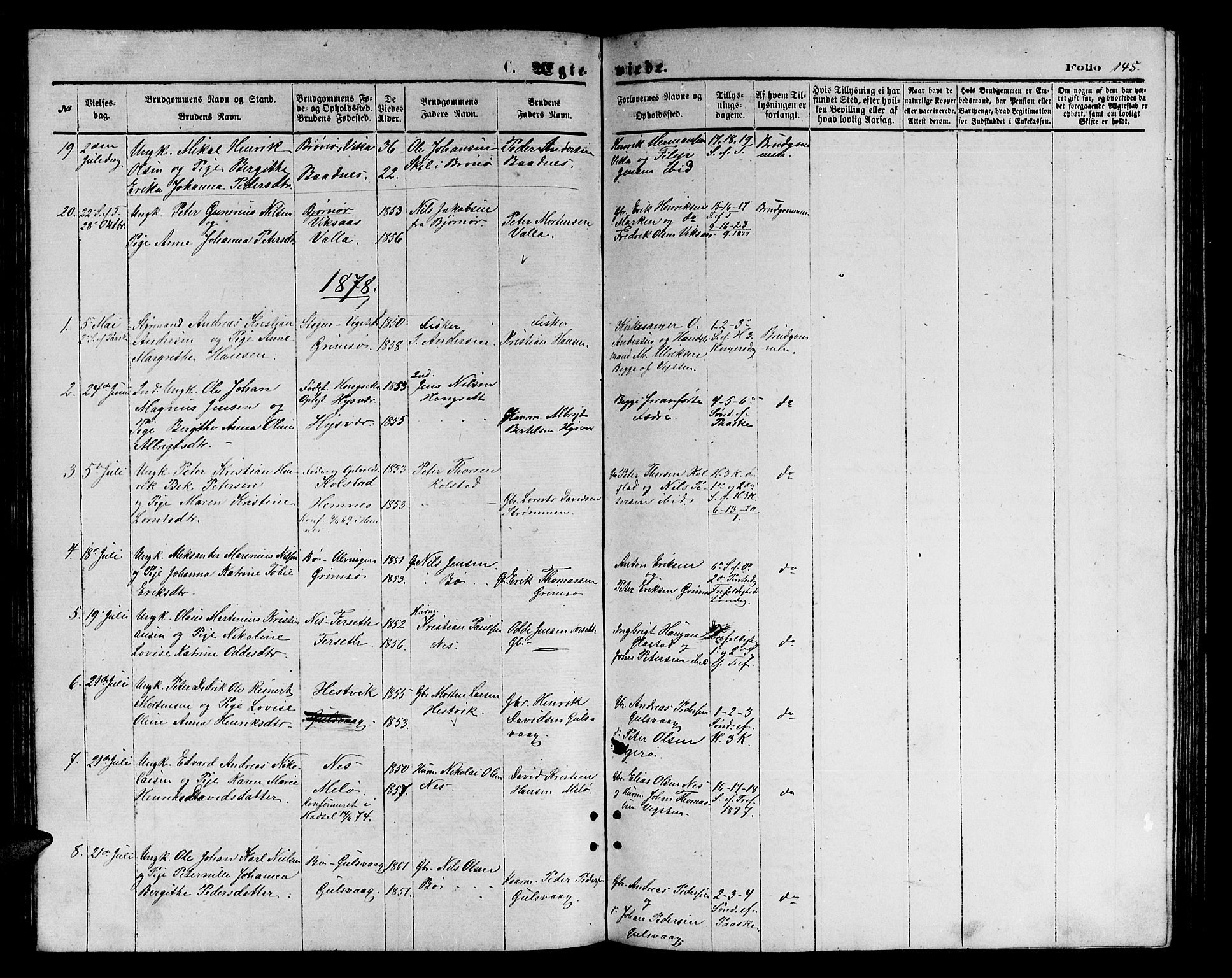 Ministerialprotokoller, klokkerbøker og fødselsregistre - Nordland, AV/SAT-A-1459/816/L0252: Parish register (copy) no. 816C02, 1871-1885, p. 145