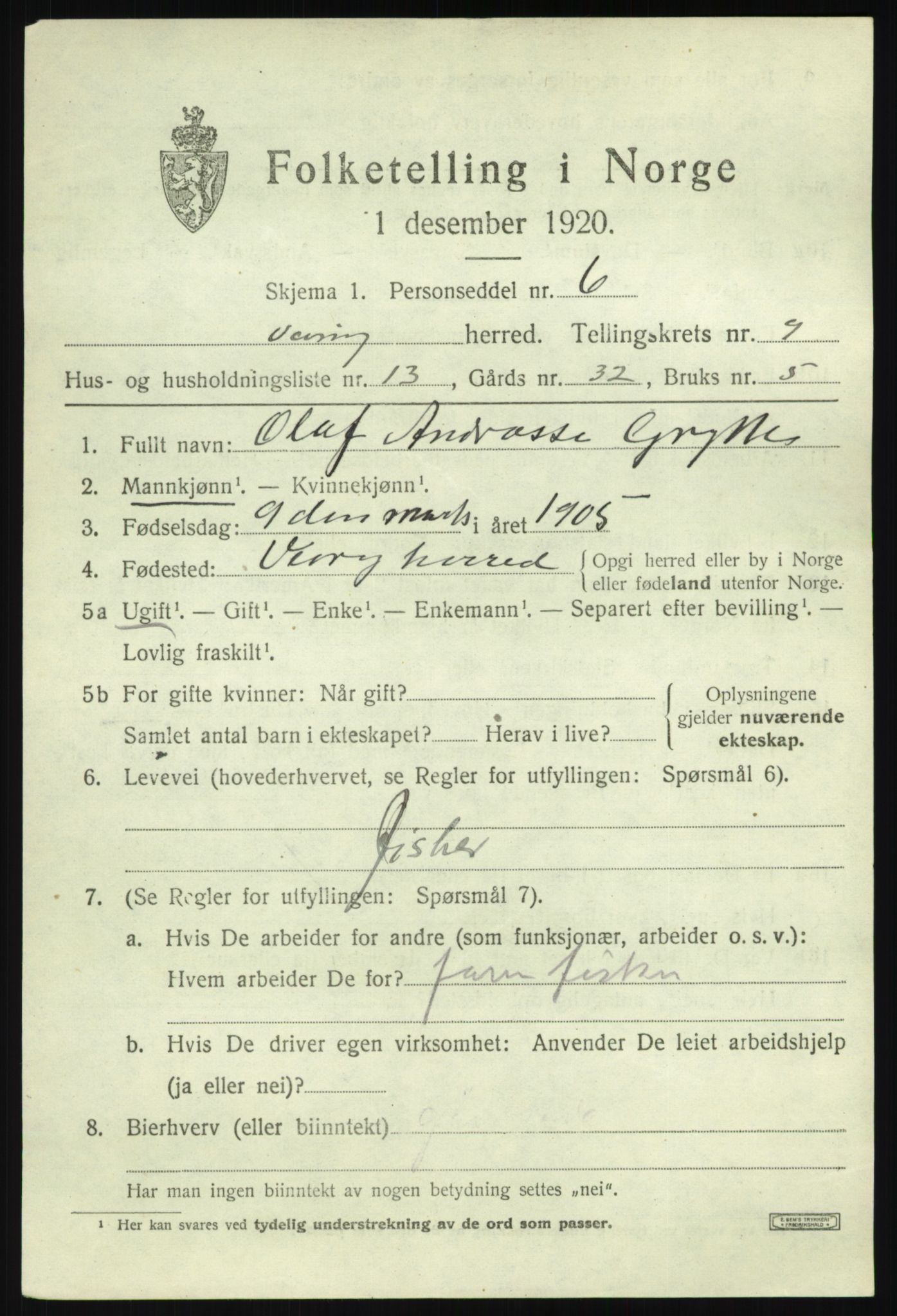 SAB, 1920 census for Vevring, 1920, p. 2518