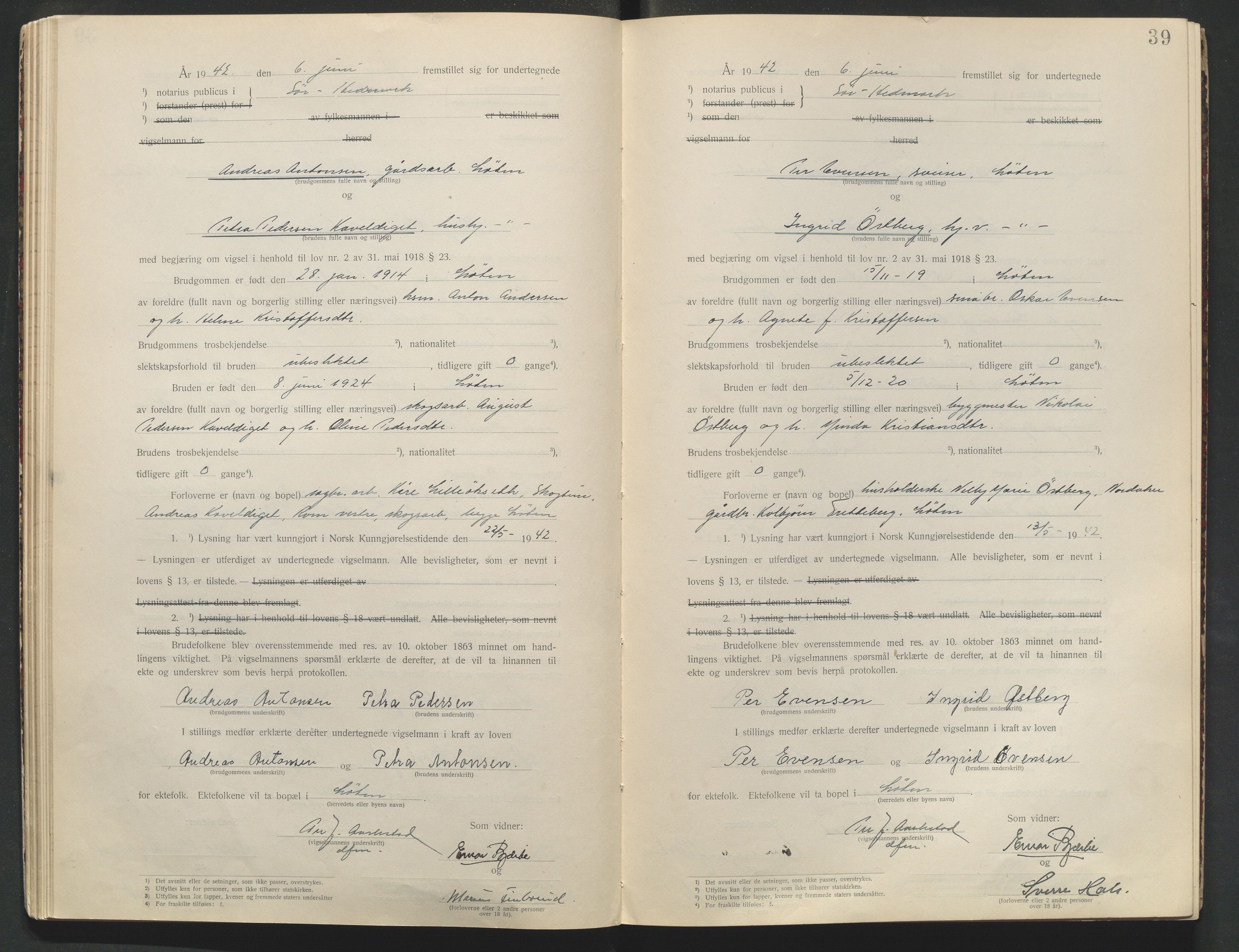 Sør-Hedmark sorenskriveri, AV/SAH-TING-014/L/Le/L0001/0002: Vigselbøker / Vigselbok, 1938-1942, p. 39