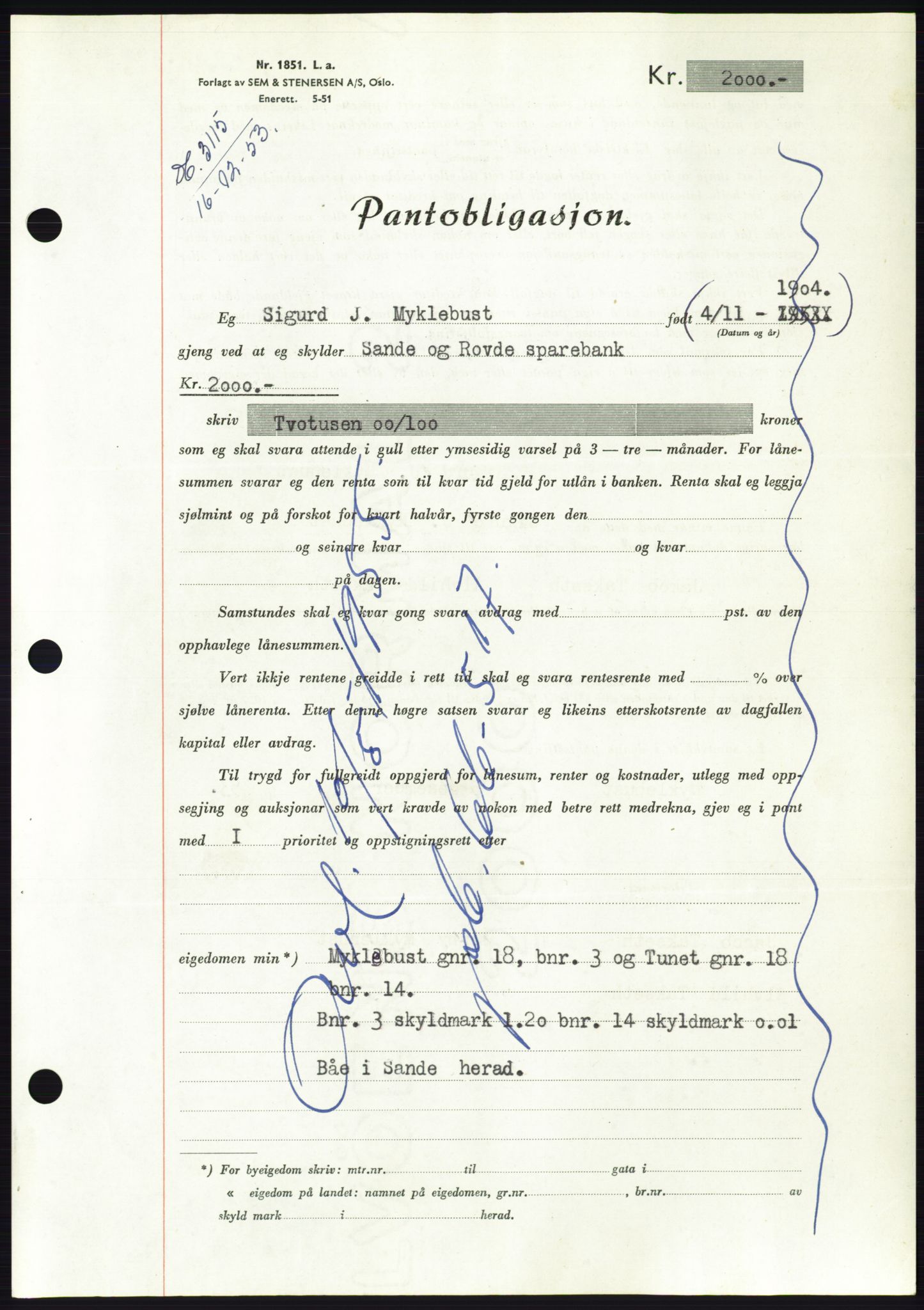Søre Sunnmøre sorenskriveri, AV/SAT-A-4122/1/2/2C/L0124: Mortgage book no. 12B, 1953-1954, Diary no: : 3115/1953