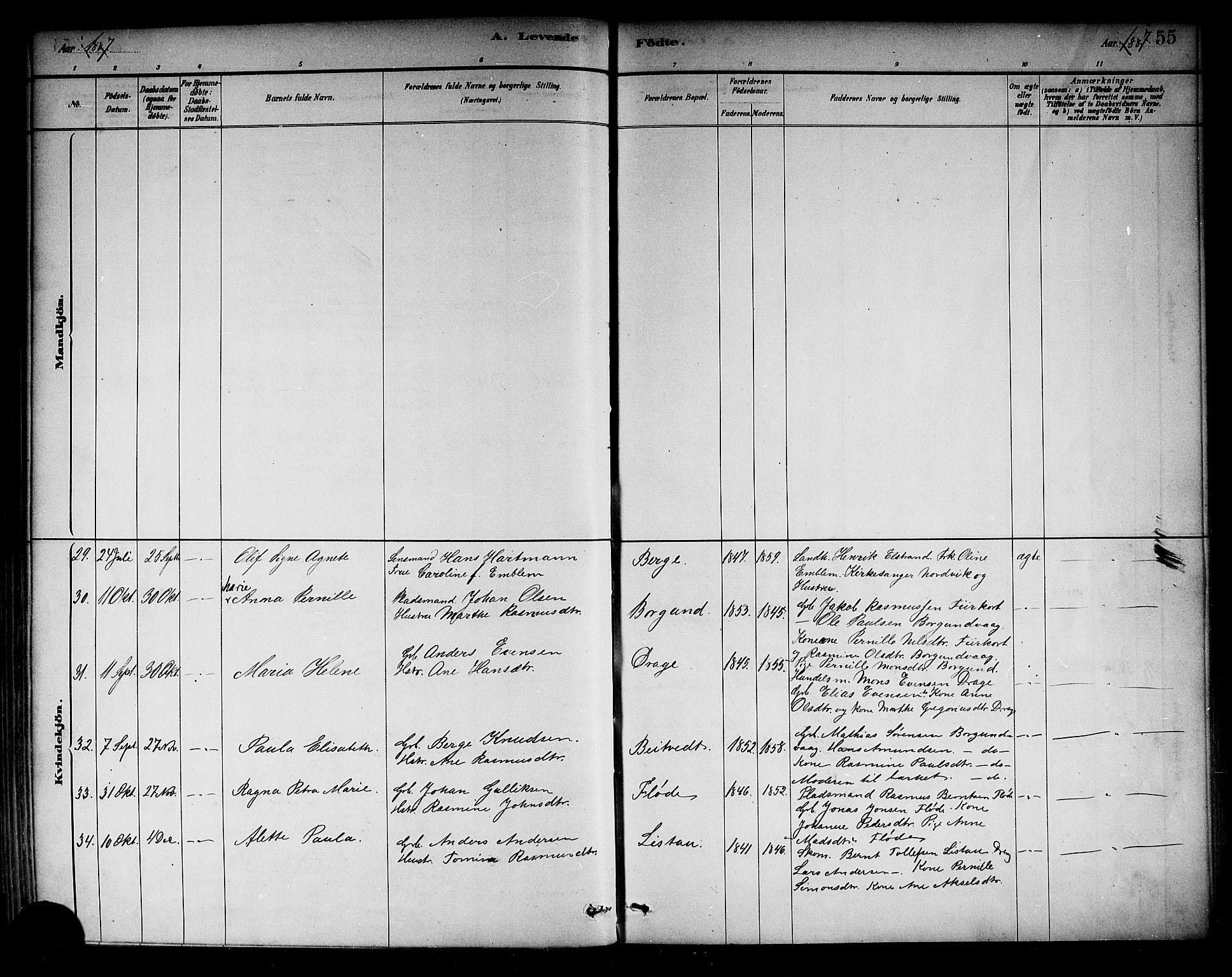 Selje sokneprestembete, AV/SAB-A-99938/H/Ha/Haa/Haab: Parish register (official) no. B 1, 1881-1890, p. 55