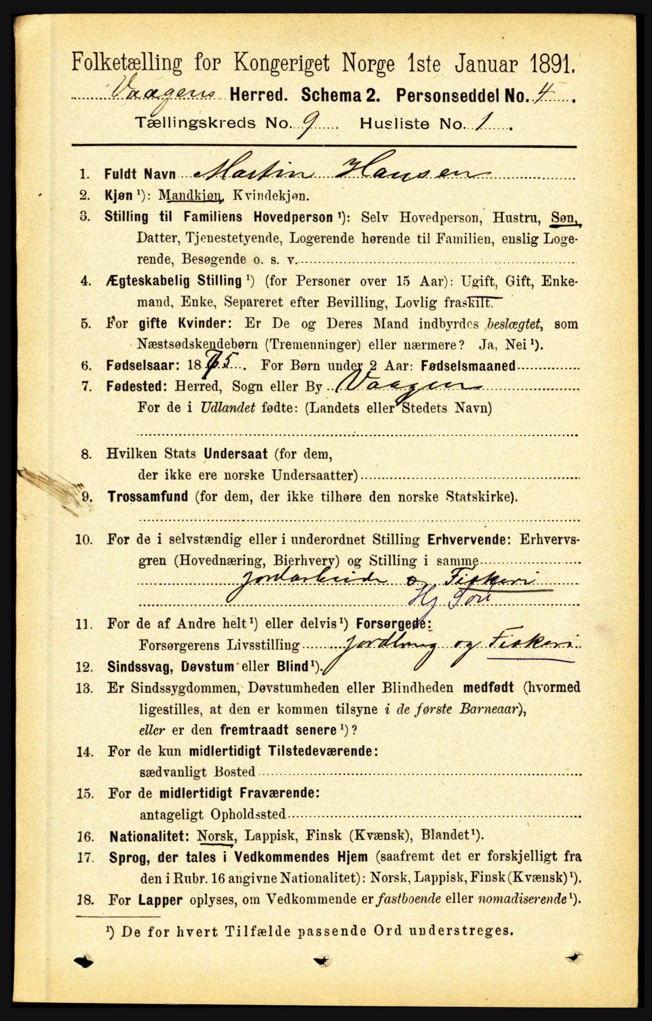 RA, 1891 census for 1865 Vågan, 1891, p. 2265