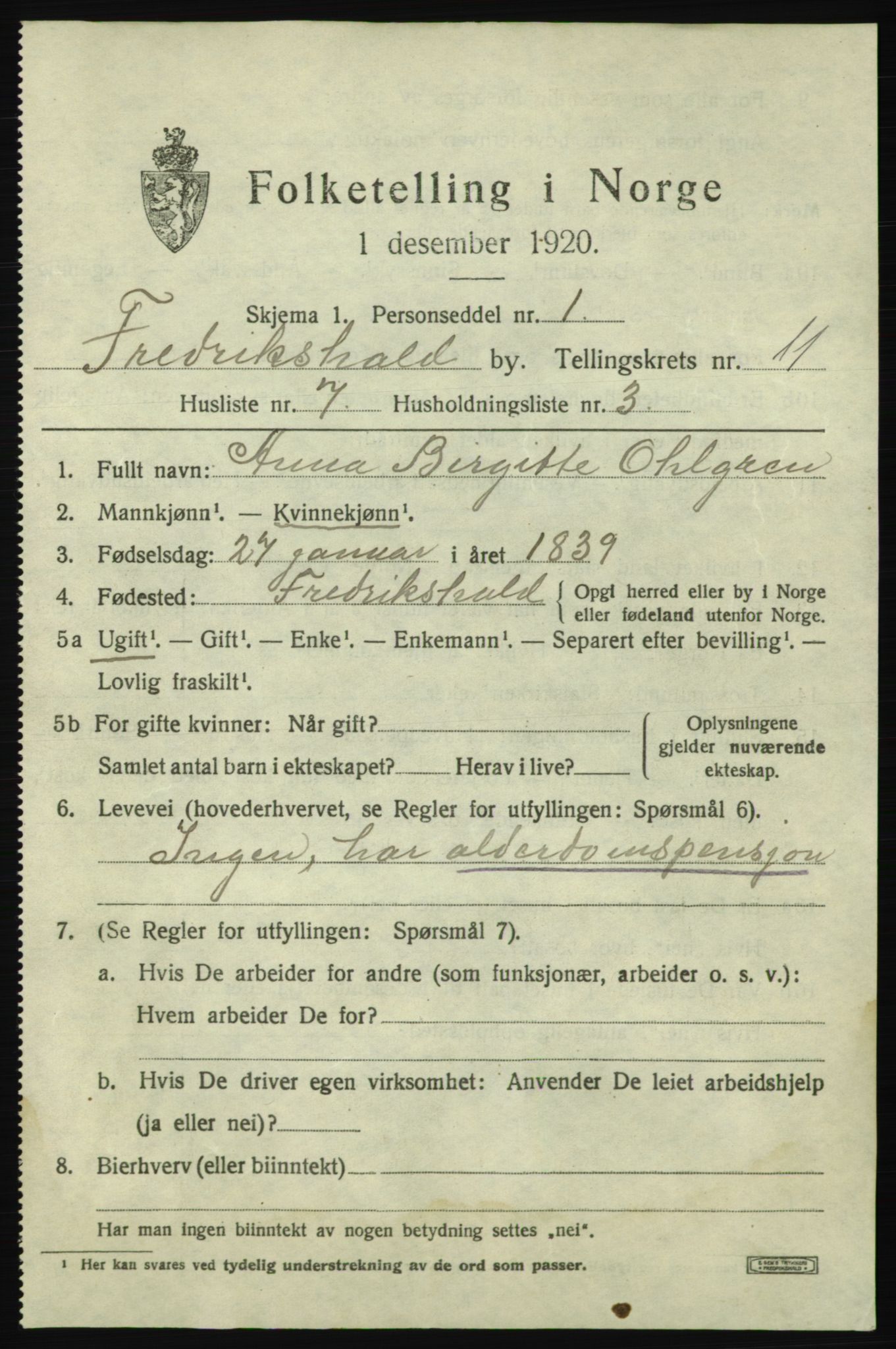 SAO, 1920 census for Fredrikshald, 1920, p. 18971