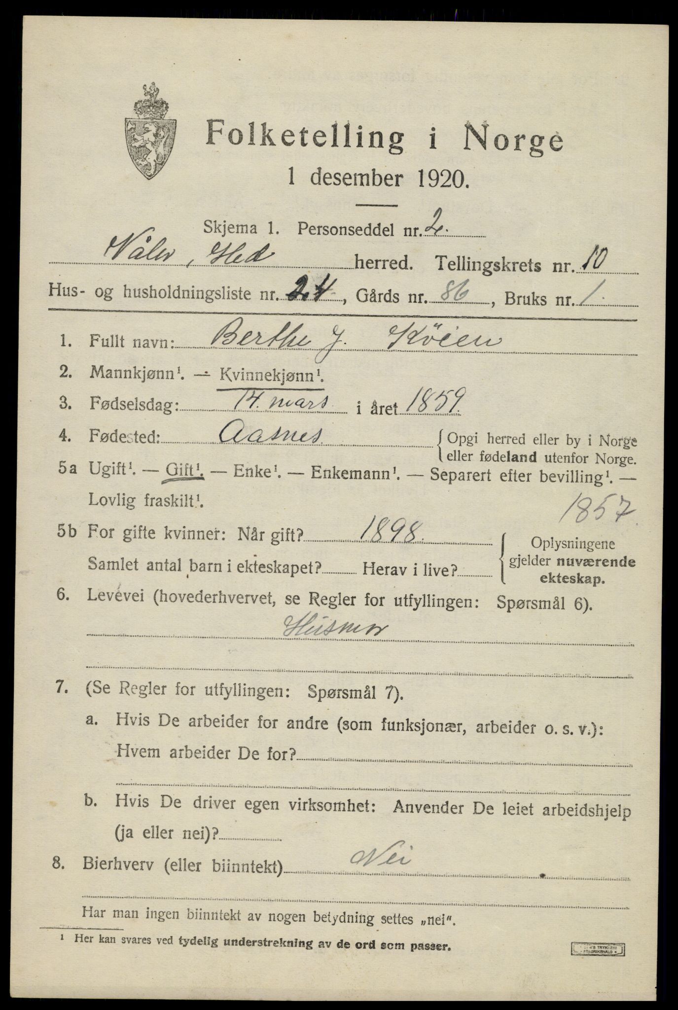 SAH, 1920 census for Våler (Hedmark), 1920, p. 10167