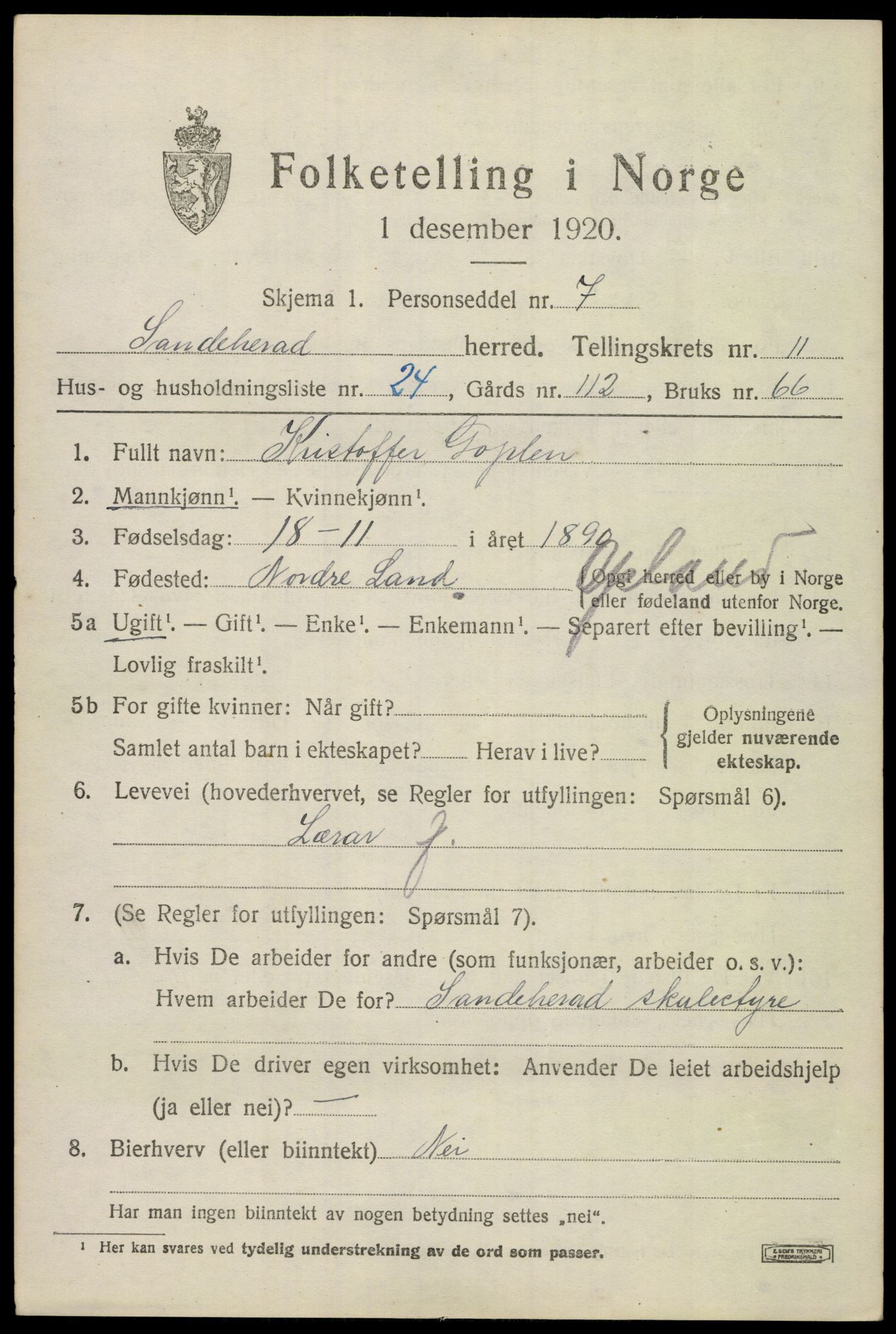 SAKO, 1920 census for Sandeherred, 1920, p. 15888