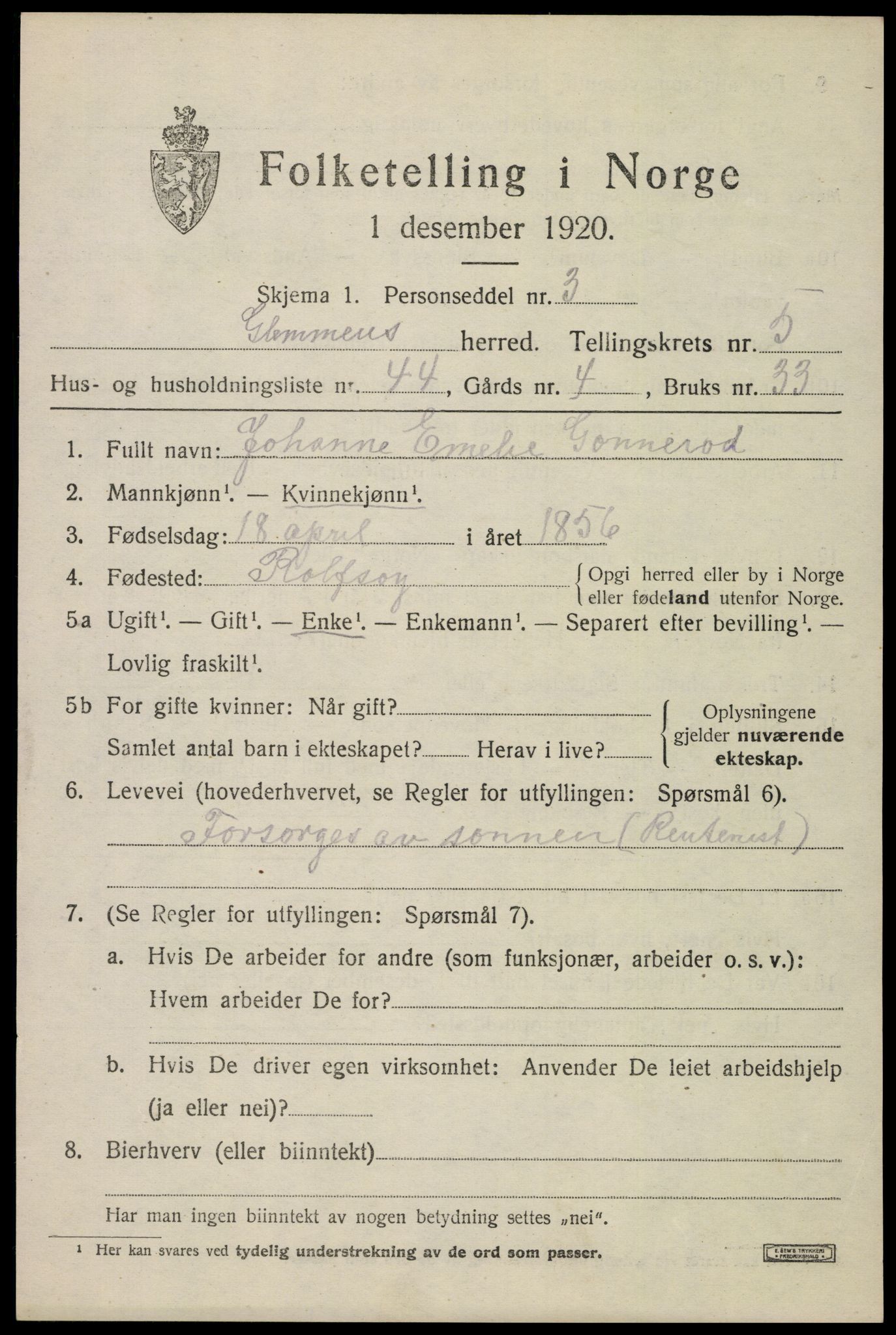 SAO, 1920 census for Glemmen, 1920, p. 17369
