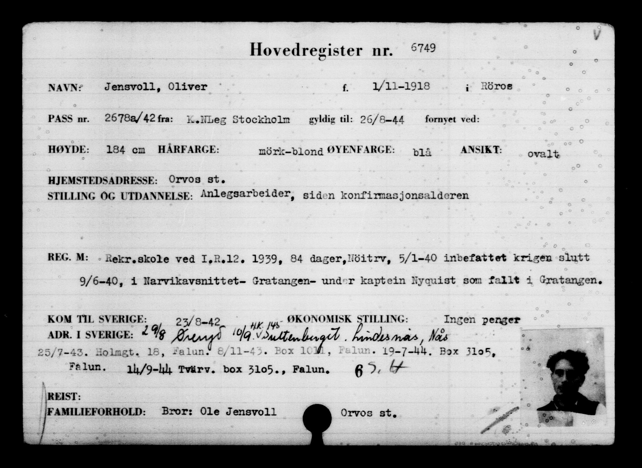 Utenriksstasjonene, Legasjonen i Stockholm, Flyktningkontoret, AV/RA-S-6753/V/Va/L0005: Kjesäterkartoteket, flyktninger med registreringsnr. 6600-9417, 1940-1945, p. 182