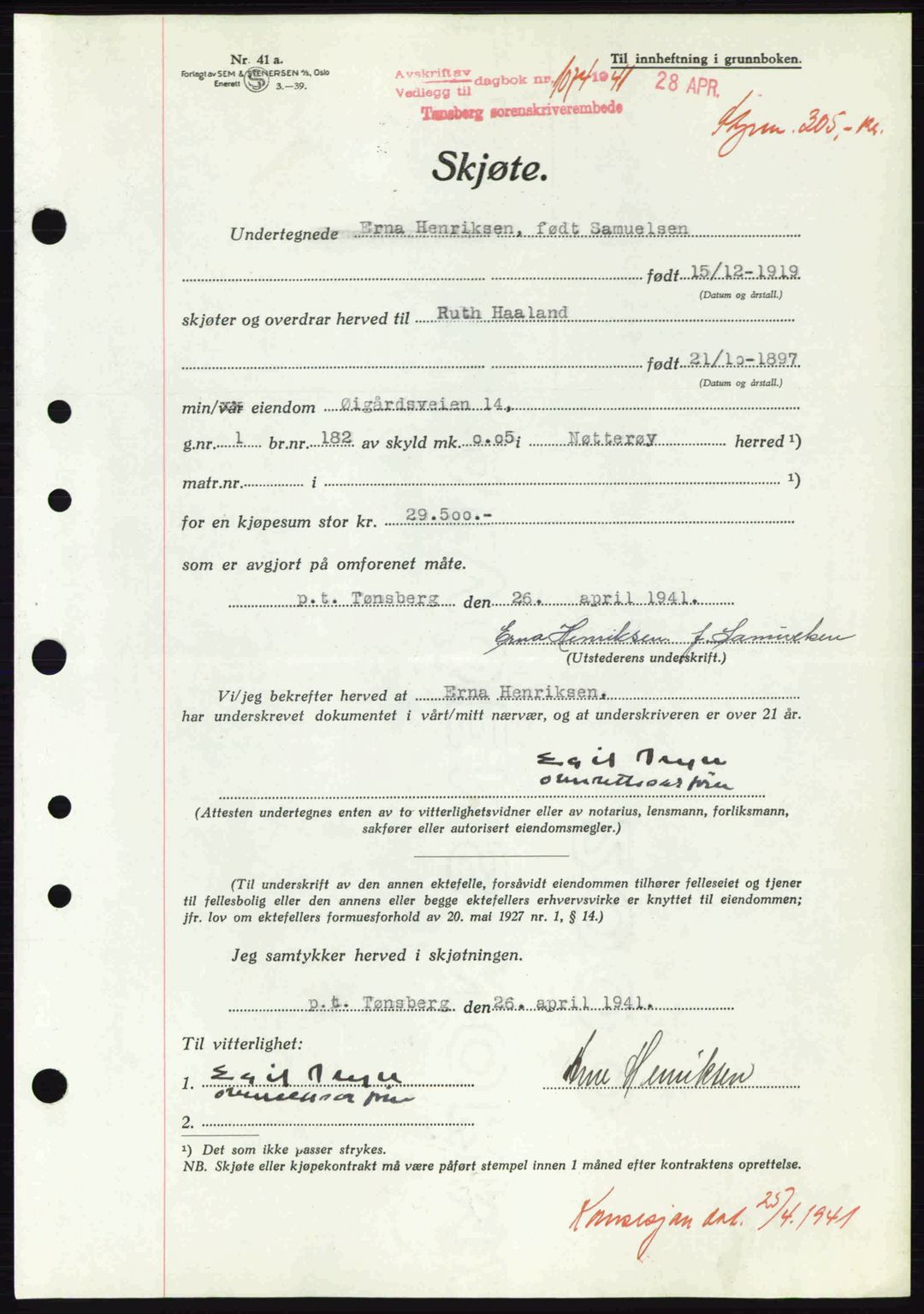 Tønsberg sorenskriveri, AV/SAKO-A-130/G/Ga/Gaa/L0010: Mortgage book no. A10, 1941-1941, Diary no: : 1074/1941