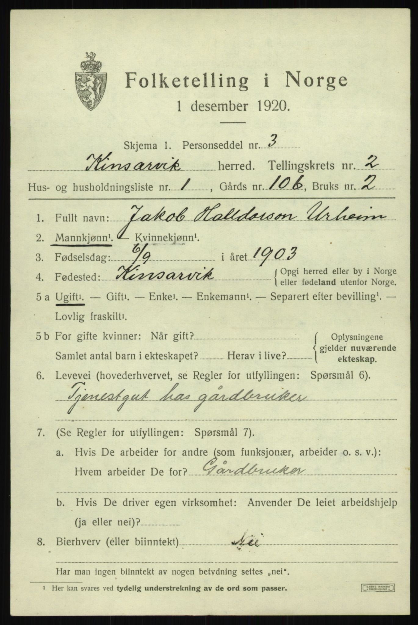 SAB, 1920 census for Kinsarvik, 1920, p. 1282