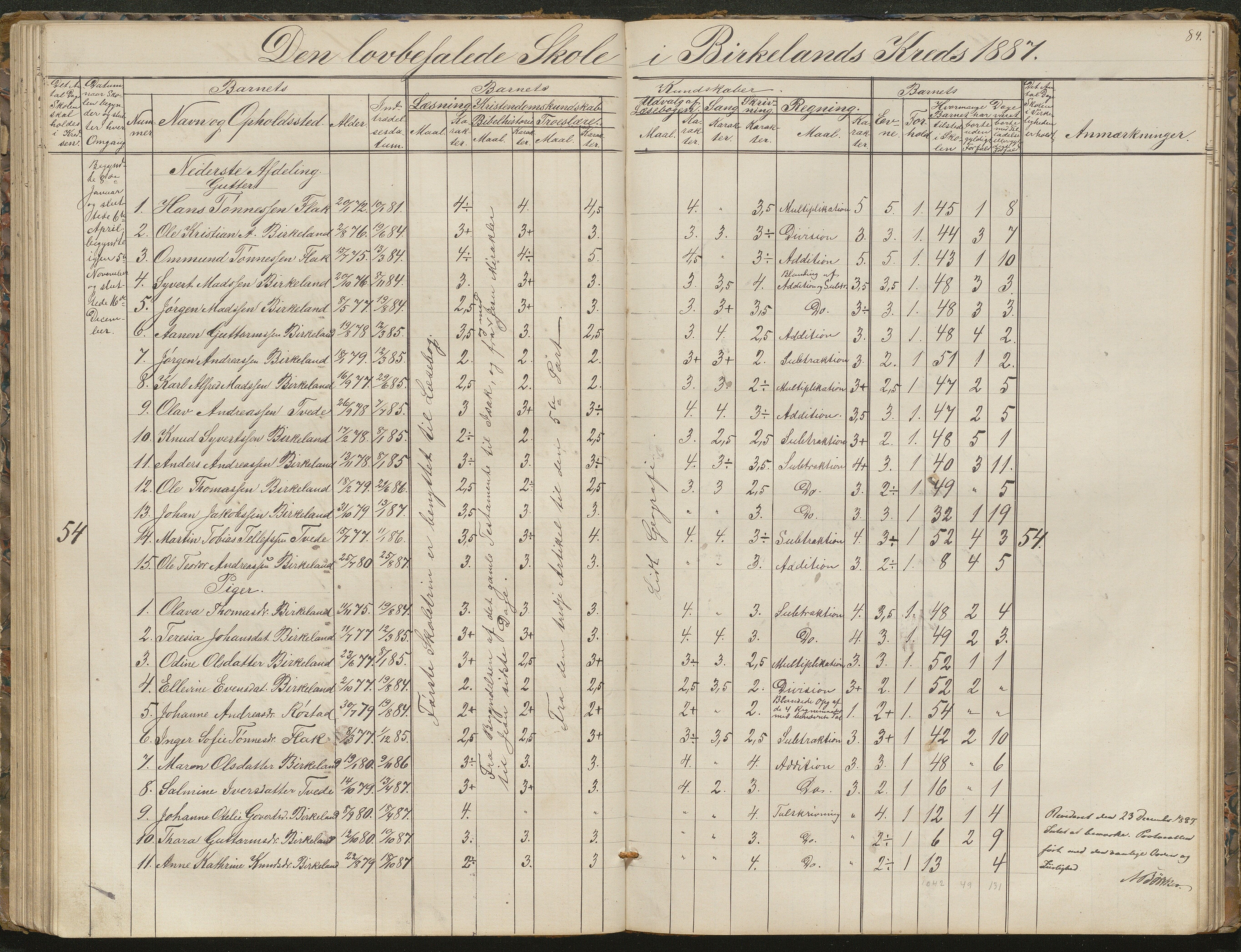Birkenes kommune, Birkenes krets/Birkeland folkeskole frem til 1991, AAMA/KA0928-550a_91/F02/L0001: Skoleprotokoll, 1862-1896, p. 84