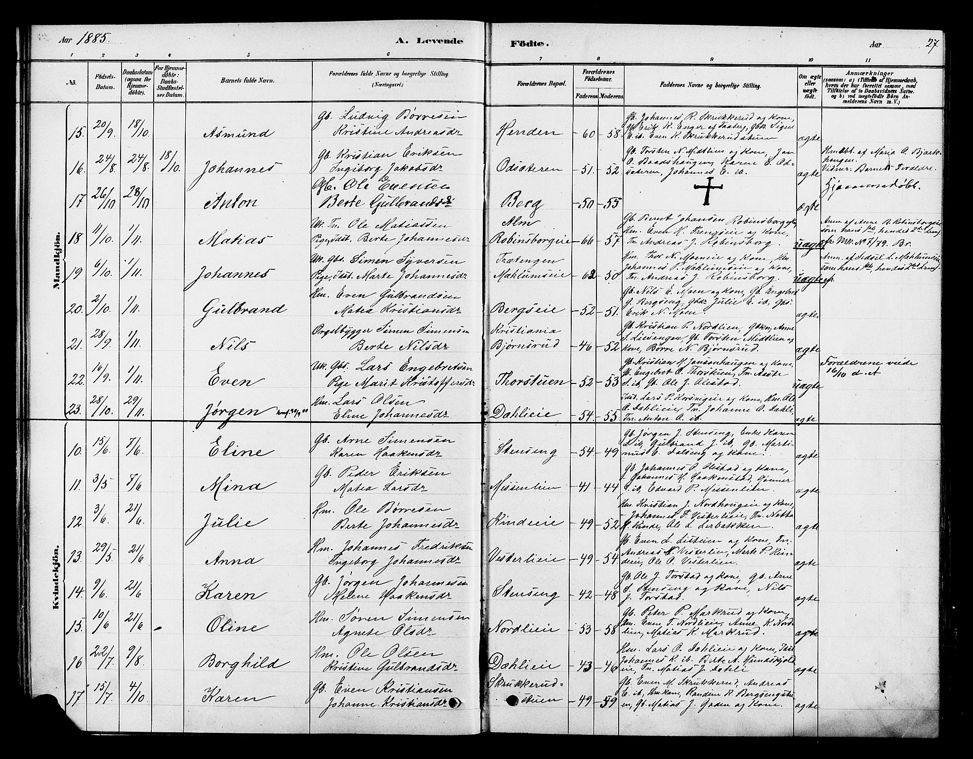 Ringsaker prestekontor, AV/SAH-PREST-014/K/Ka/L0013: Parish register (official) no. 13, 1879-1890, p. 27