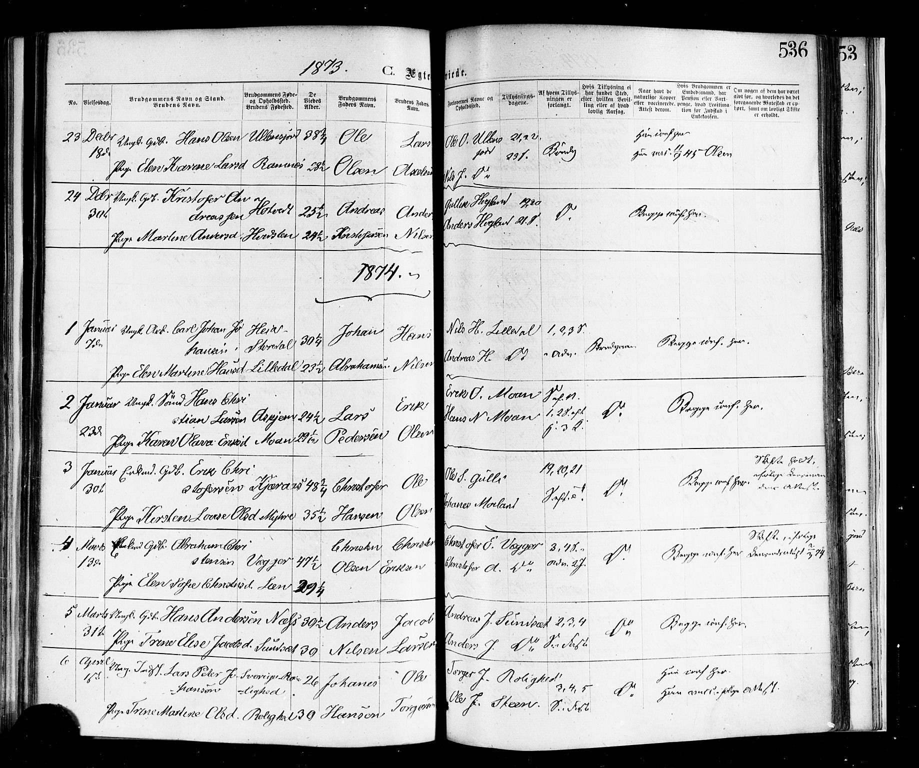 Andebu kirkebøker, SAKO/A-336/F/Fa/L0006: Parish register (official) no. 6, 1871-1878, p. 536