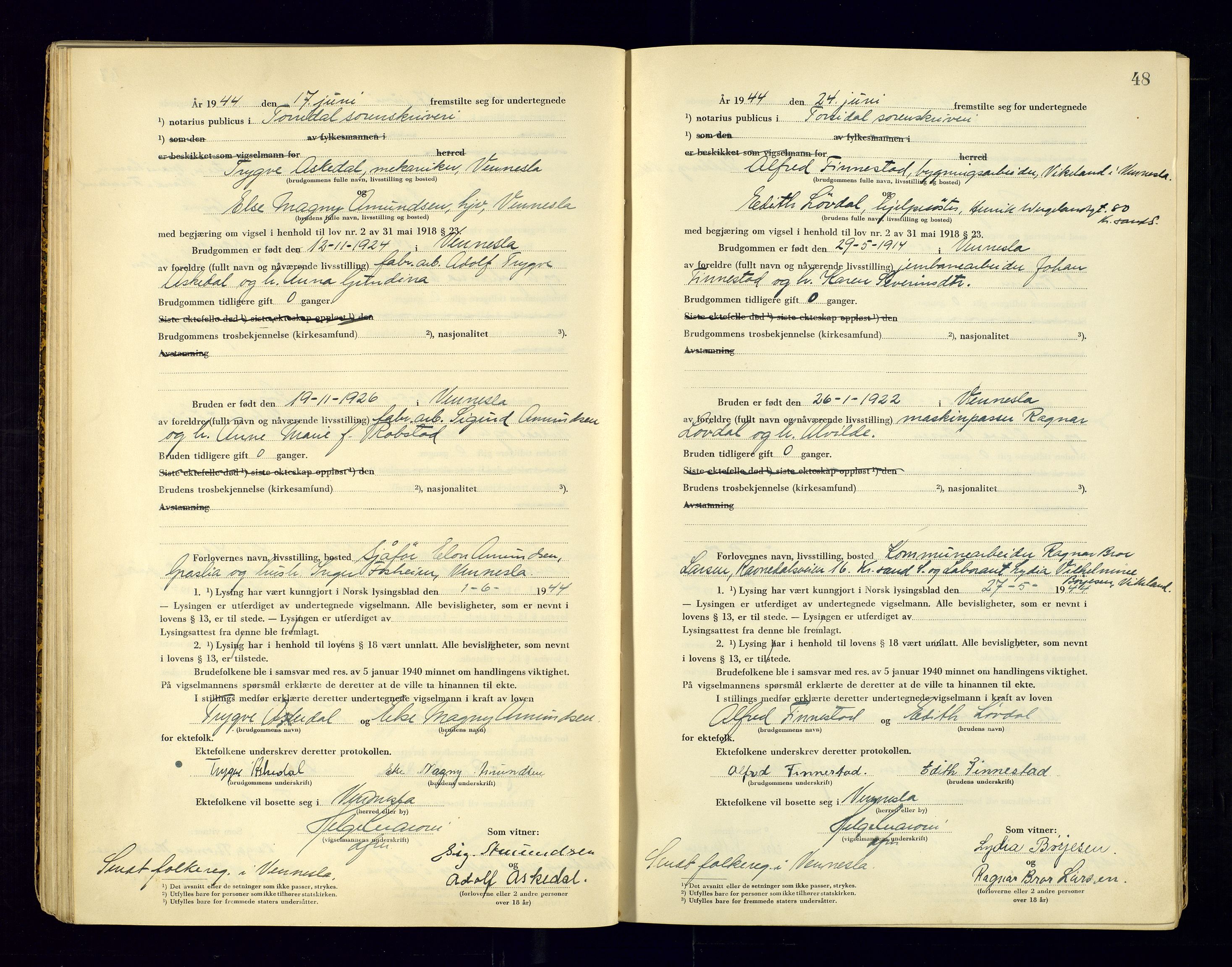 Torridal sorenskriveri, AV/SAK-1221-0012/L/Ld/L0004: Vigselbok nr. 2, 1943-1946, p. 48