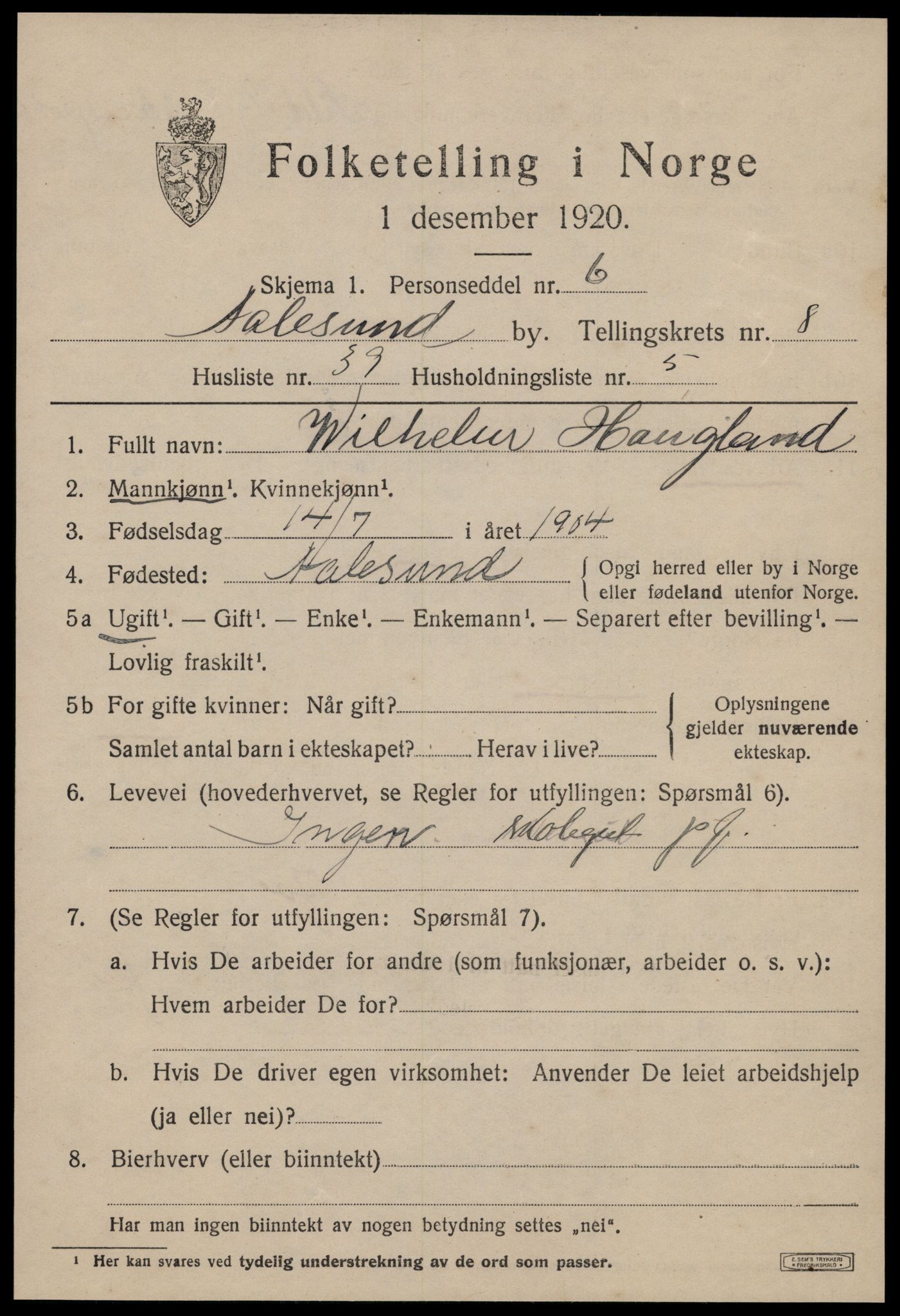 SAT, 1920 census for Ålesund, 1920, p. 22650