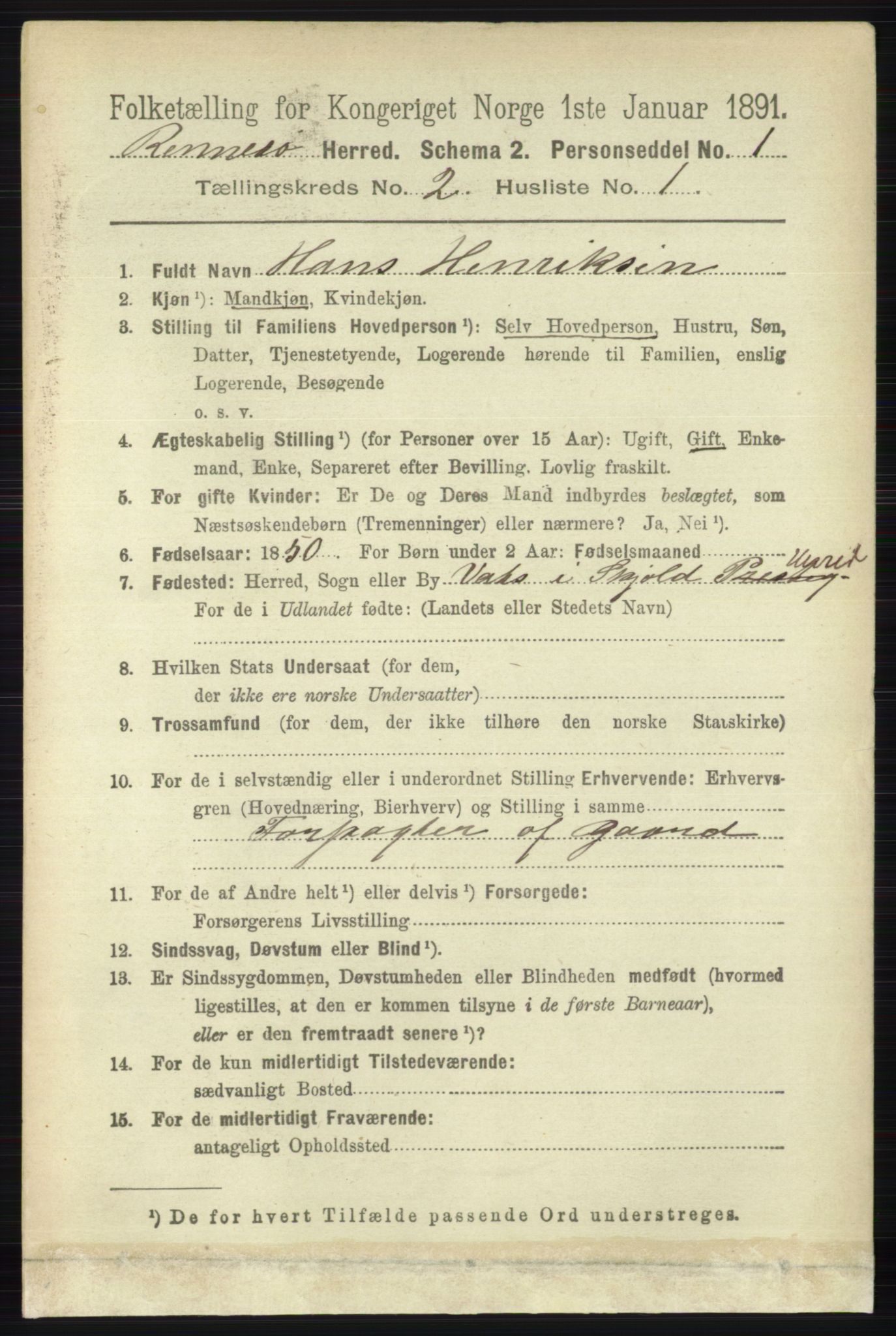 RA, 1891 census for 1142 Rennesøy, 1891, p. 455