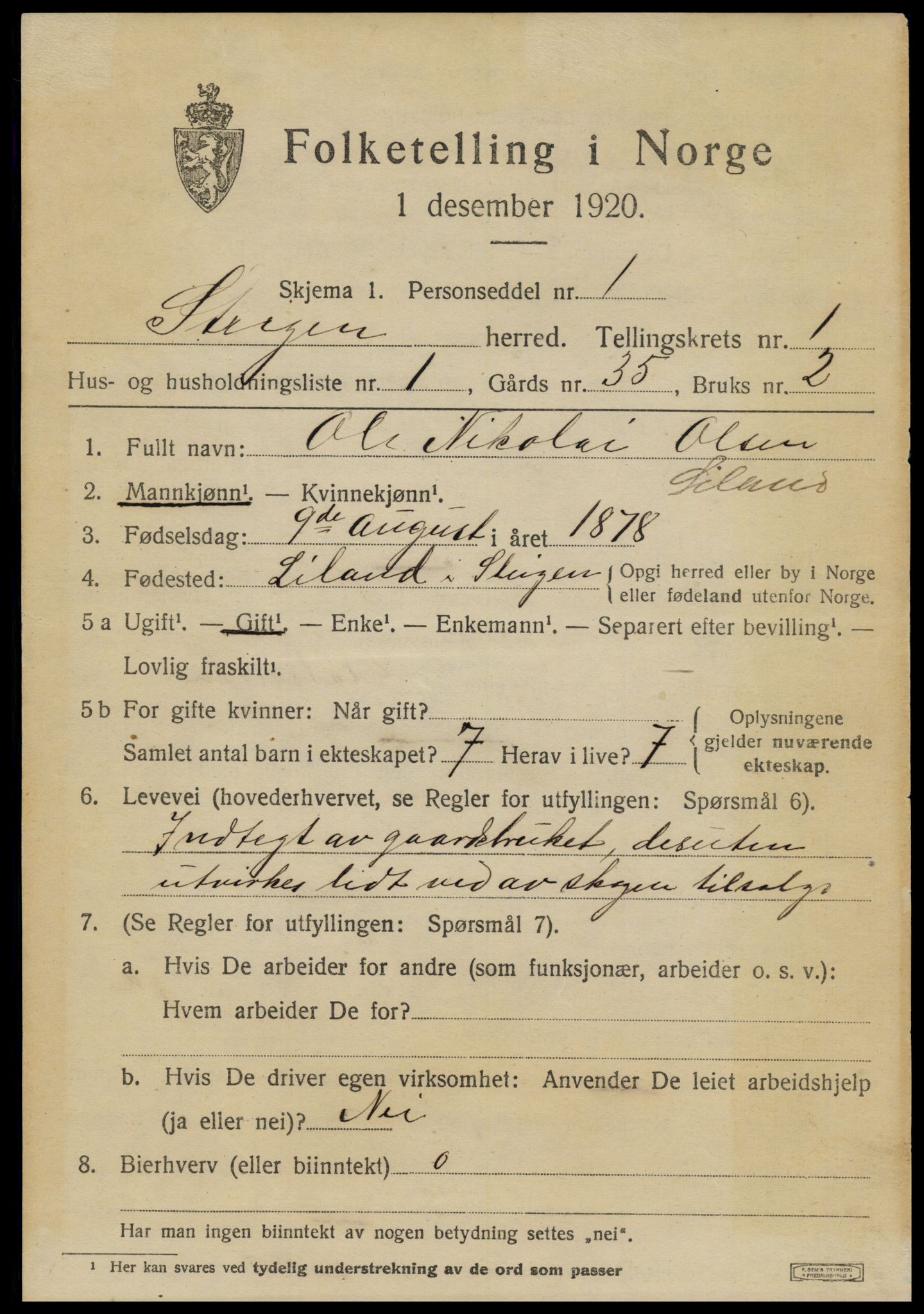 SAT, 1920 census for Steigen, 1920, p. 834