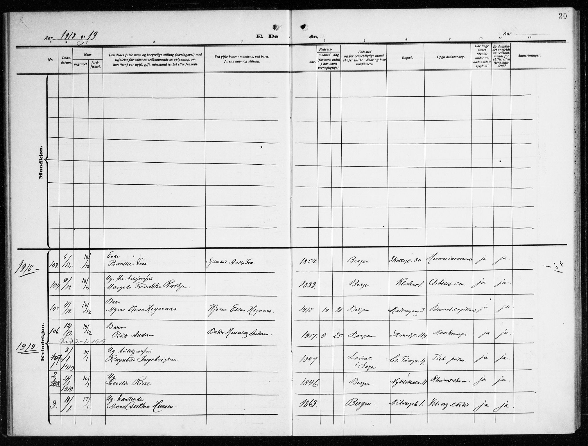 Nykirken Sokneprestembete, AV/SAB-A-77101/H/Haa/L0046: Parish register (official) no. E 6, 1918-1944, p. 20