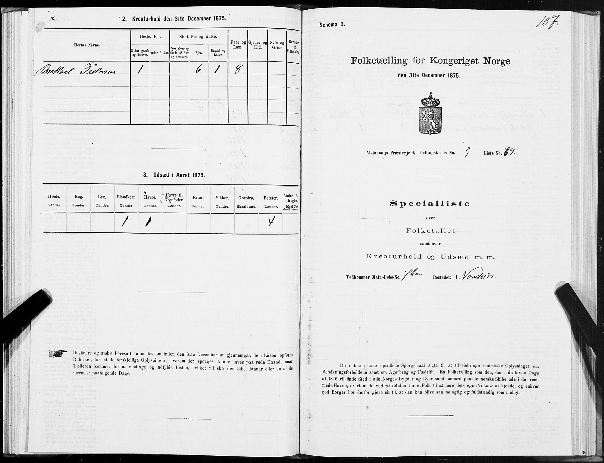 SAT, 1875 census for 1820P Alstahaug, 1875, p. 4137