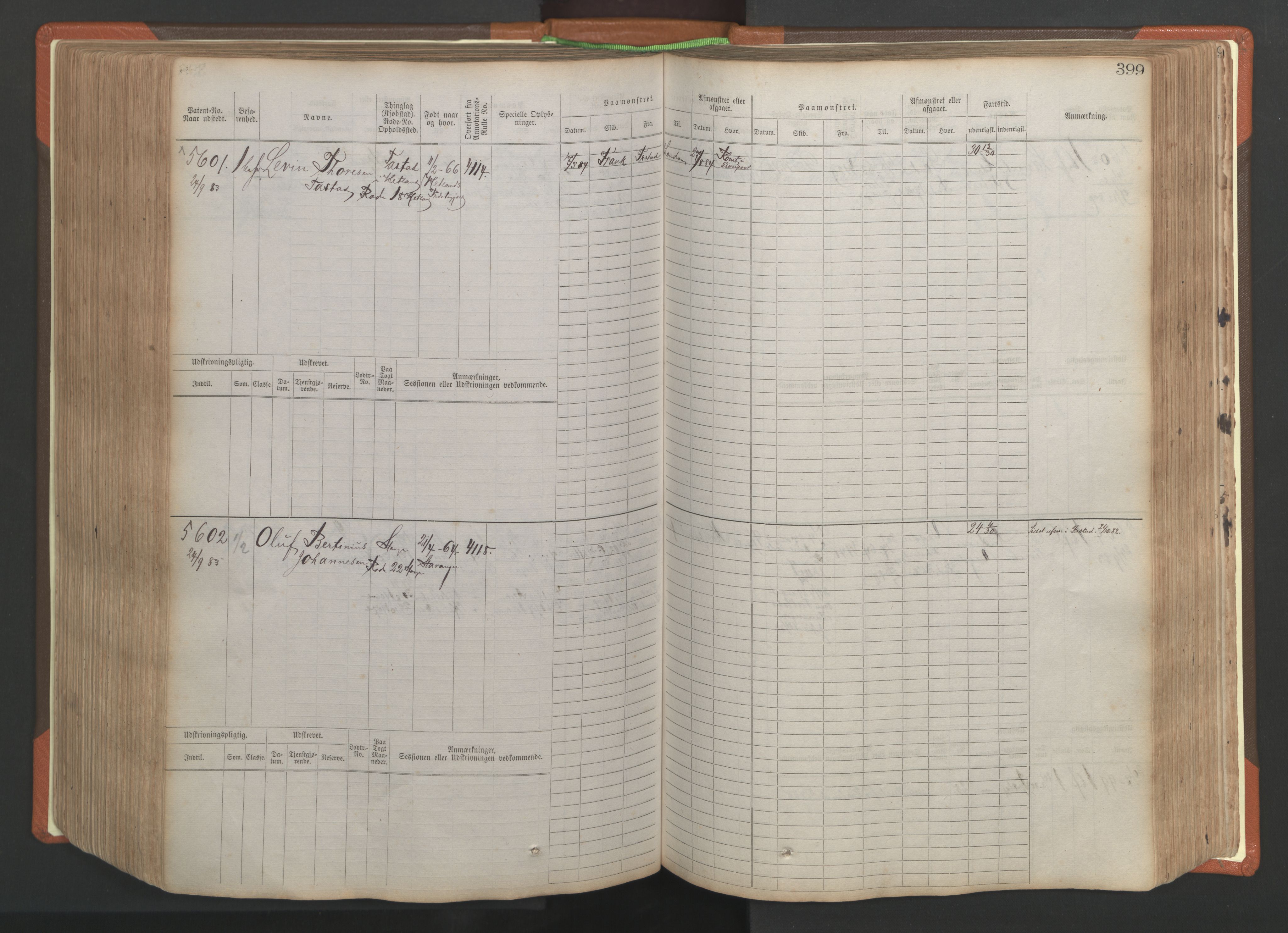 Stavanger sjømannskontor, SAST/A-102006/F/Fb/Fbb/L0009: Sjøfartshovedrulle, patentnr. 4805-6006, 1879-1887, p. 405