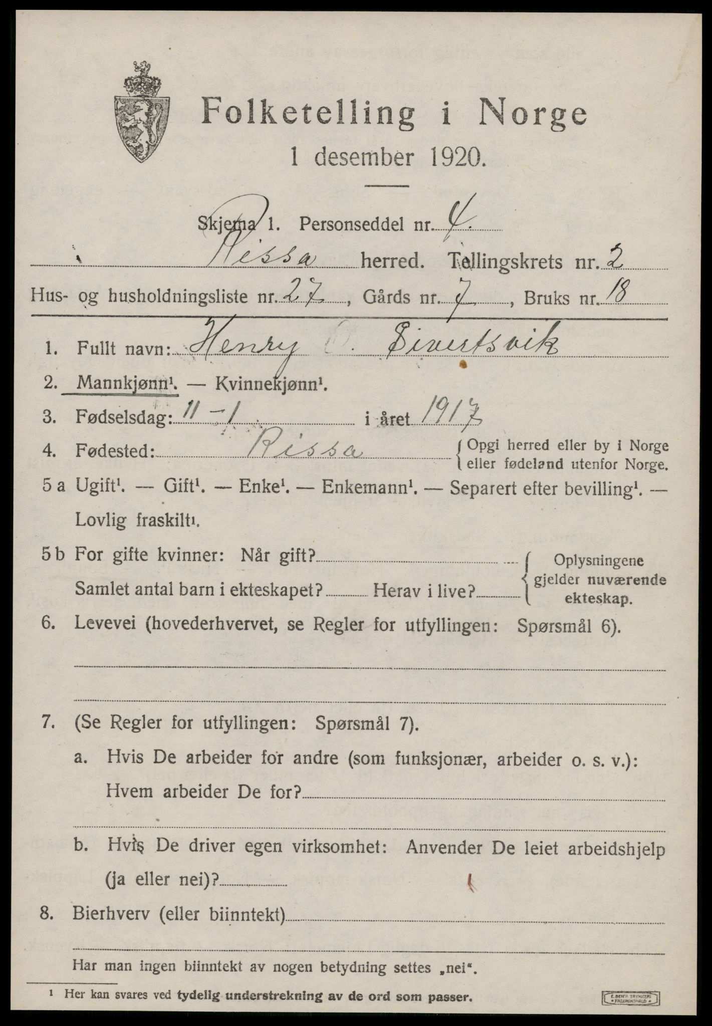 SAT, 1920 census for Rissa, 1920, p. 1945