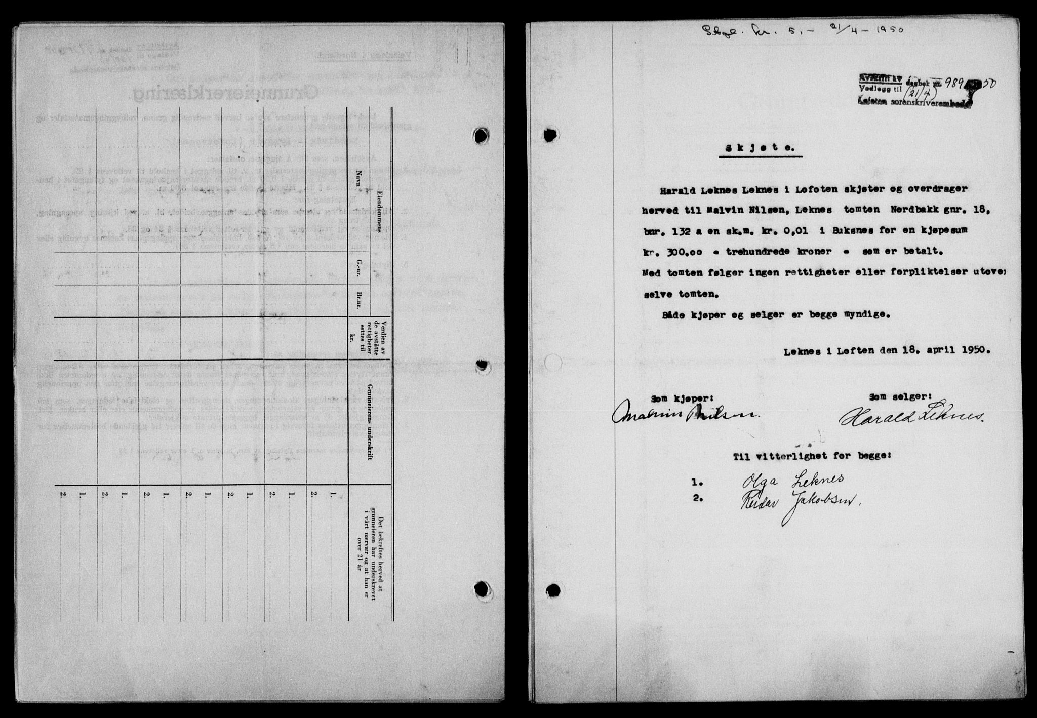 Lofoten sorenskriveri, SAT/A-0017/1/2/2C/L0023a: Mortgage book no. 23a, 1950-1950, Diary no: : 989/1950