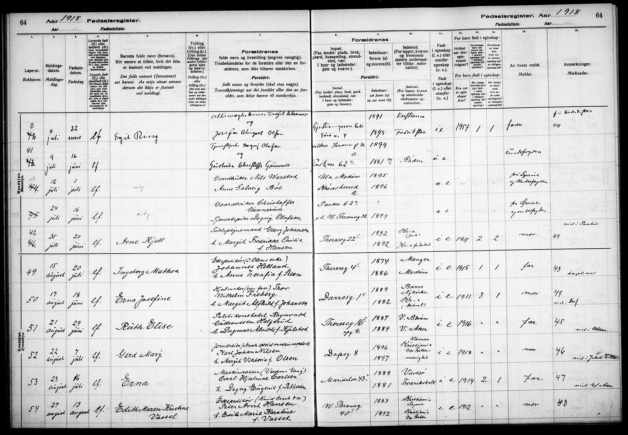 Gamle Aker prestekontor Kirkebøker, AV/SAO-A-10617a/J/L0001: Birth register no. 1, 1916-1927, p. 64