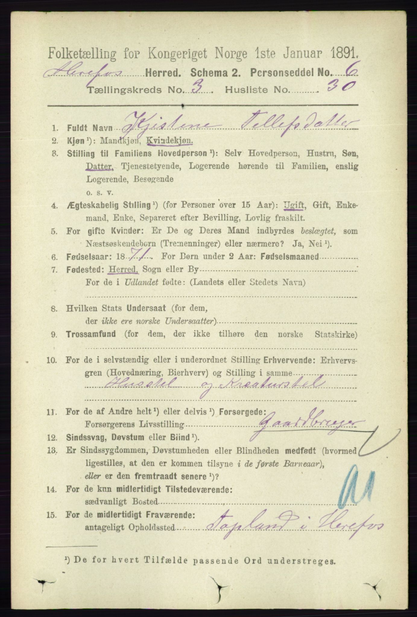 RA, 1891 census for 0933 Herefoss, 1891, p. 760