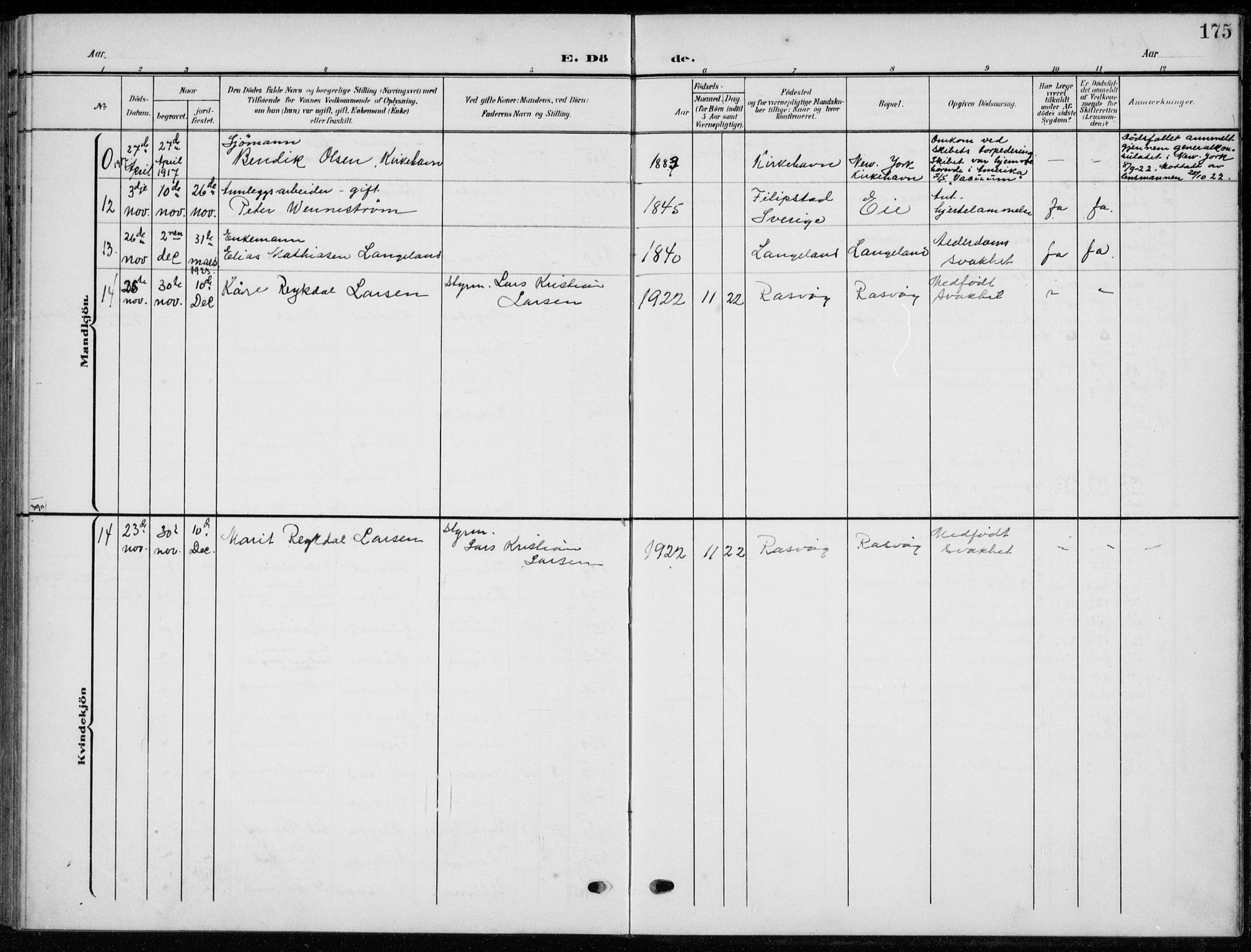 Flekkefjord sokneprestkontor, AV/SAK-1111-0012/F/Fb/Fbb/L0005: Parish register (copy) no. B 5, 1908-1927, p. 175