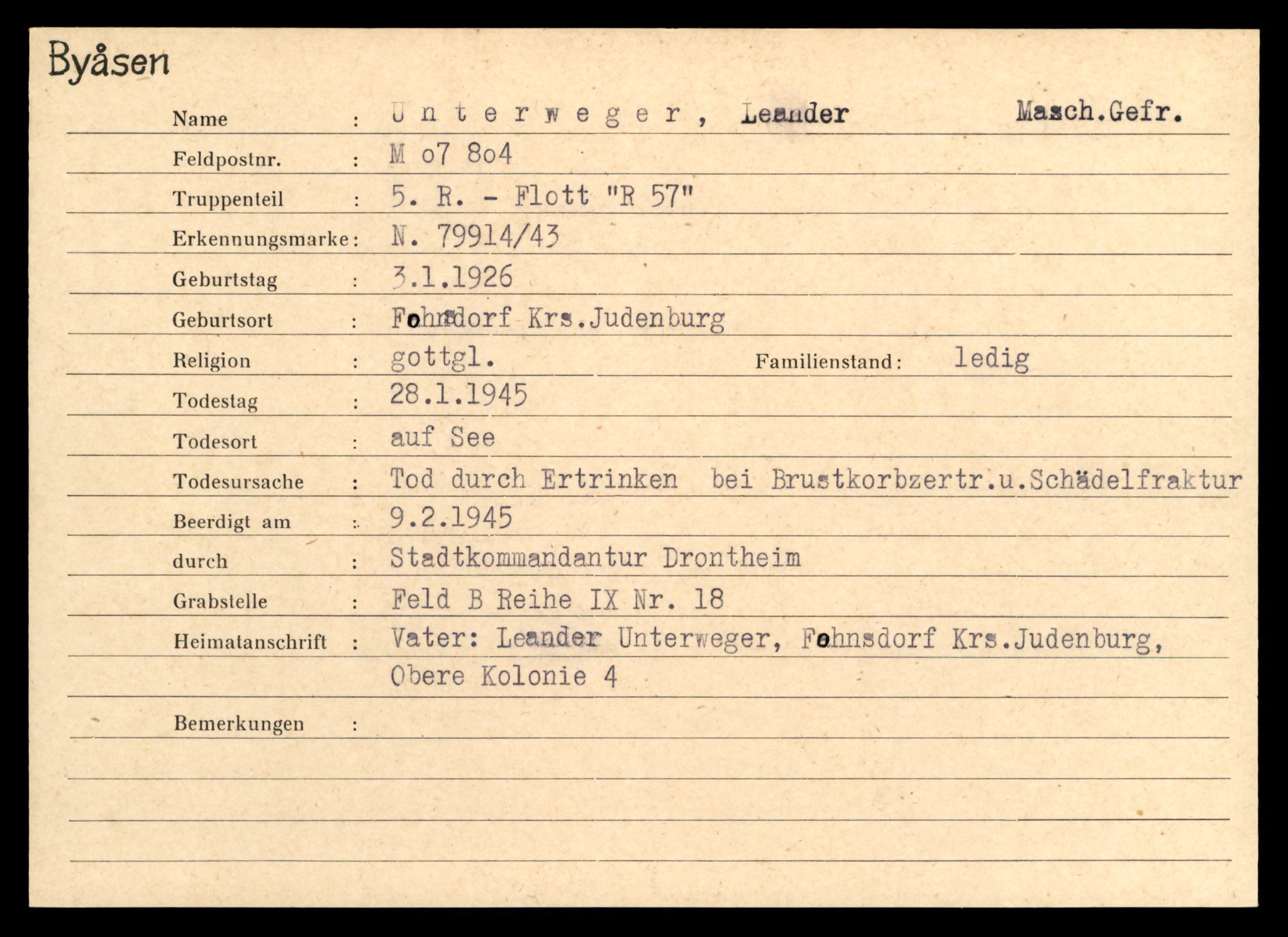 Distriktskontoret for krigsgraver, AV/SAT-A-5030/E/L0004: Kasett/kartotek over tysk Krigskirkegård på Byåsen, 1945, p. 1829