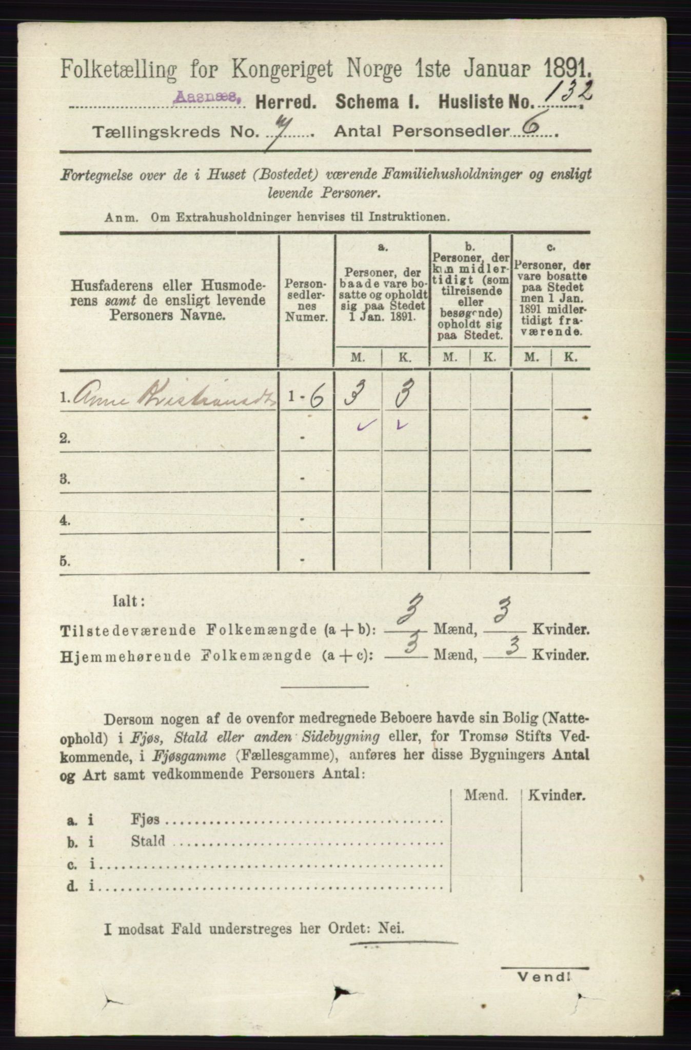 RA, 1891 census for 0425 Åsnes, 1891, p. 3368