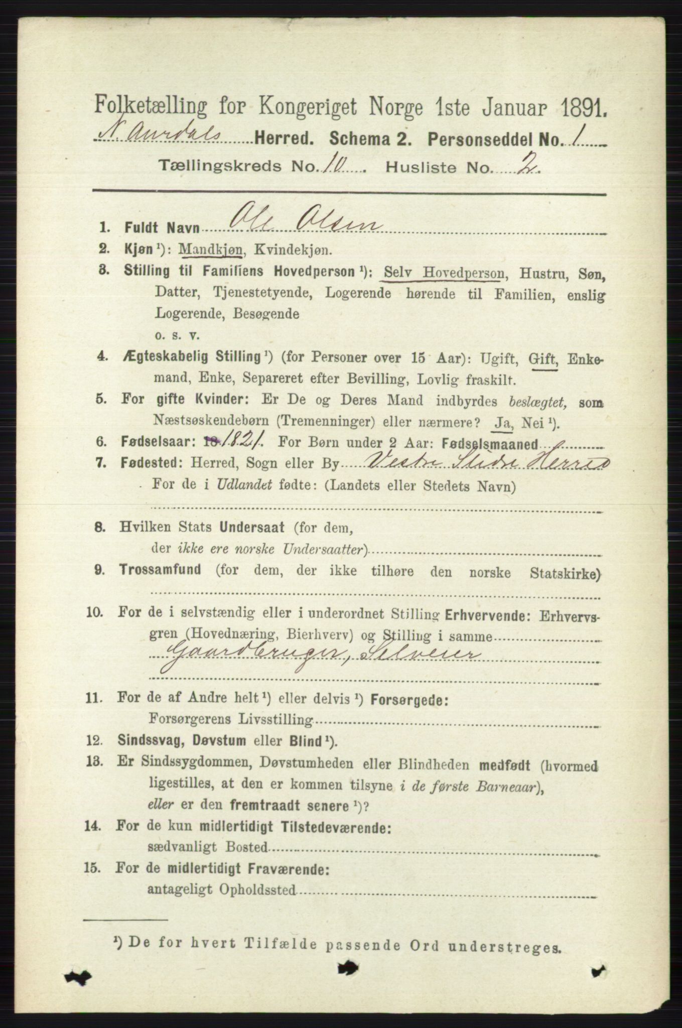 RA, 1891 census for 0542 Nord-Aurdal, 1891, p. 3739