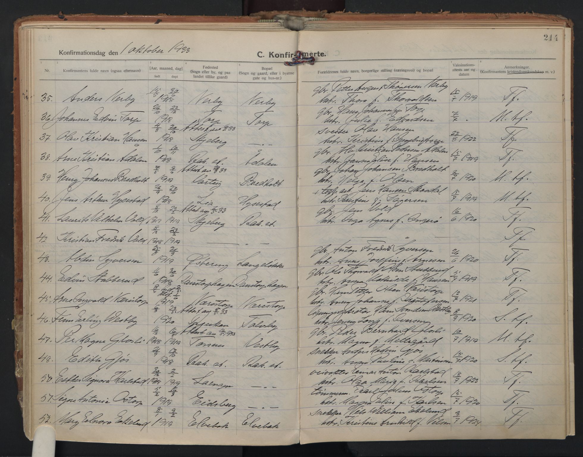 Rakkestad prestekontor Kirkebøker, AV/SAO-A-2008/F/Fa/L0016: Parish register (official) no. I 16, 1922-1943, p. 214