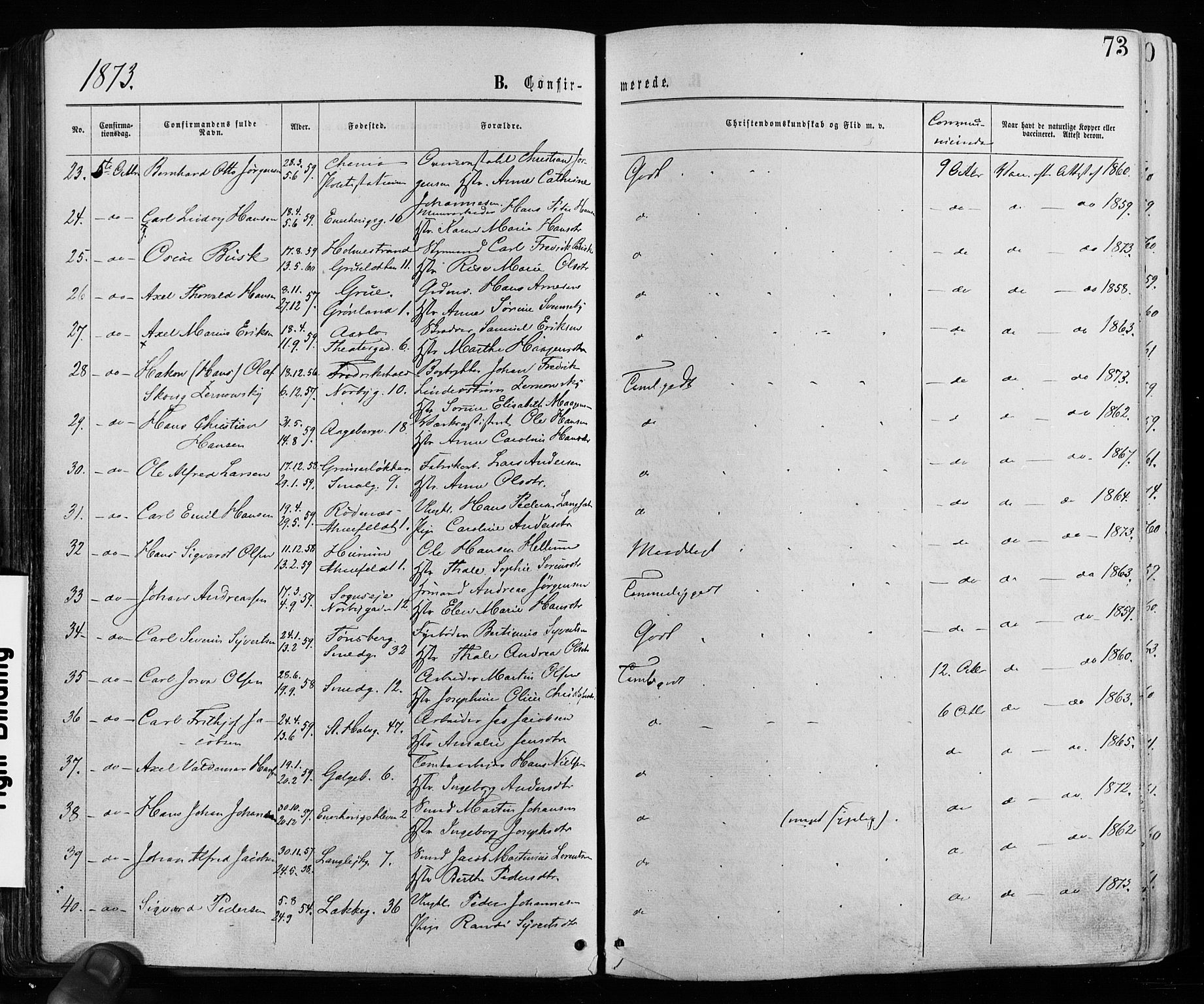 Grønland prestekontor Kirkebøker, AV/SAO-A-10848/F/Fa/L0005: Parish register (official) no. 5, 1869-1880, p. 73