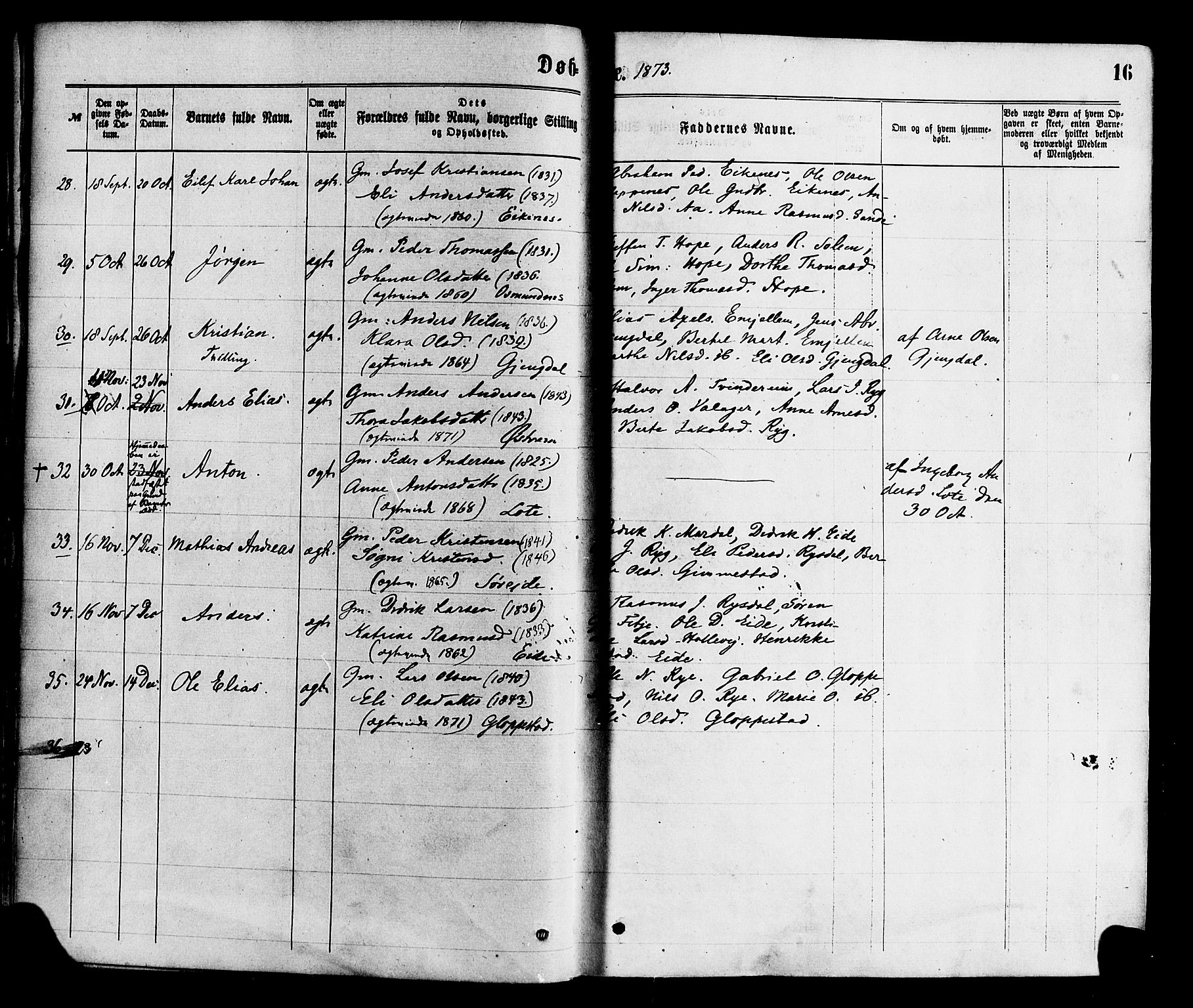 Gloppen sokneprestembete, AV/SAB-A-80101/H/Haa/Haaa/L0010: Parish register (official) no. A 10, 1871-1884, p. 16