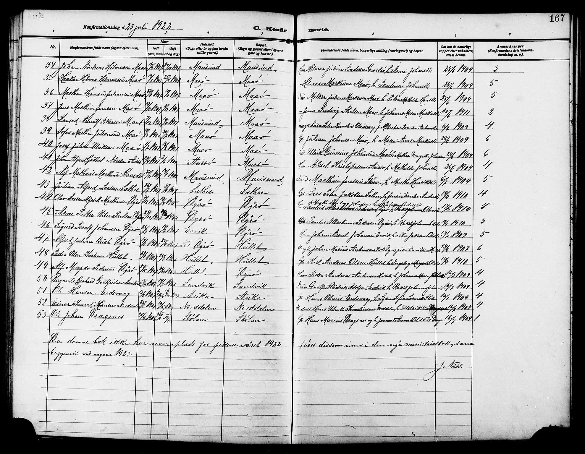 Ministerialprotokoller, klokkerbøker og fødselsregistre - Sør-Trøndelag, SAT/A-1456/640/L0588: Parish register (copy) no. 640C05, 1909-1922, p. 167