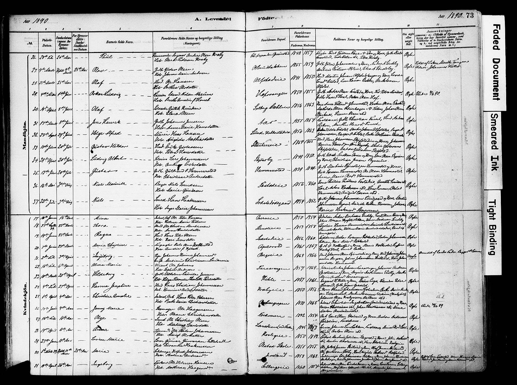 Østre Toten prestekontor, AV/SAH-PREST-104/H/Ha/Haa/L0006: Parish register (official) no. 6 /1, 1878-1896, p. 73