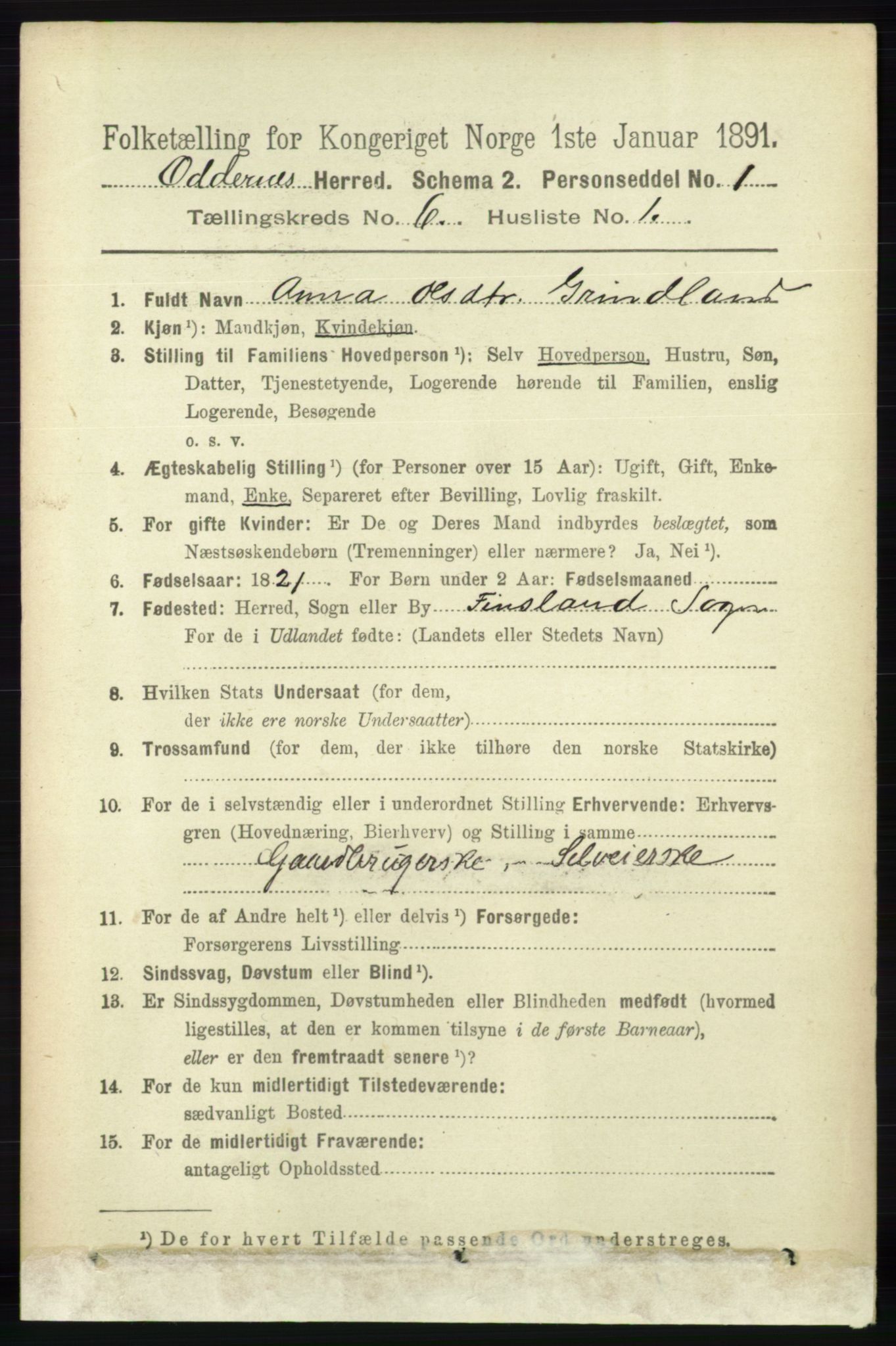 RA, 1891 census for 1012 Oddernes, 1891, p. 2197