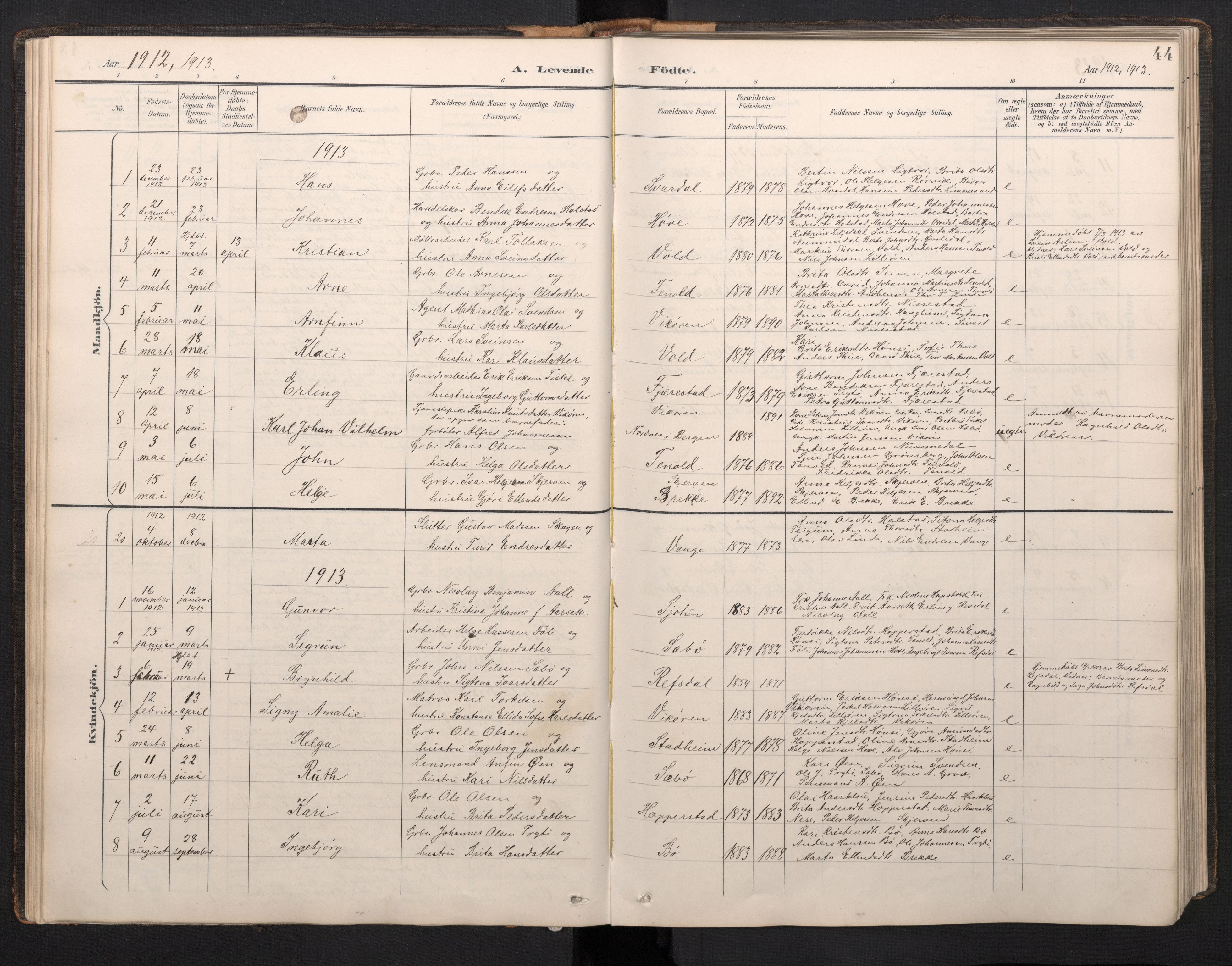 Vik sokneprestembete, SAB/A-81501: Parish register (copy) no. A 4, 1895-1914, p. 43b-44a