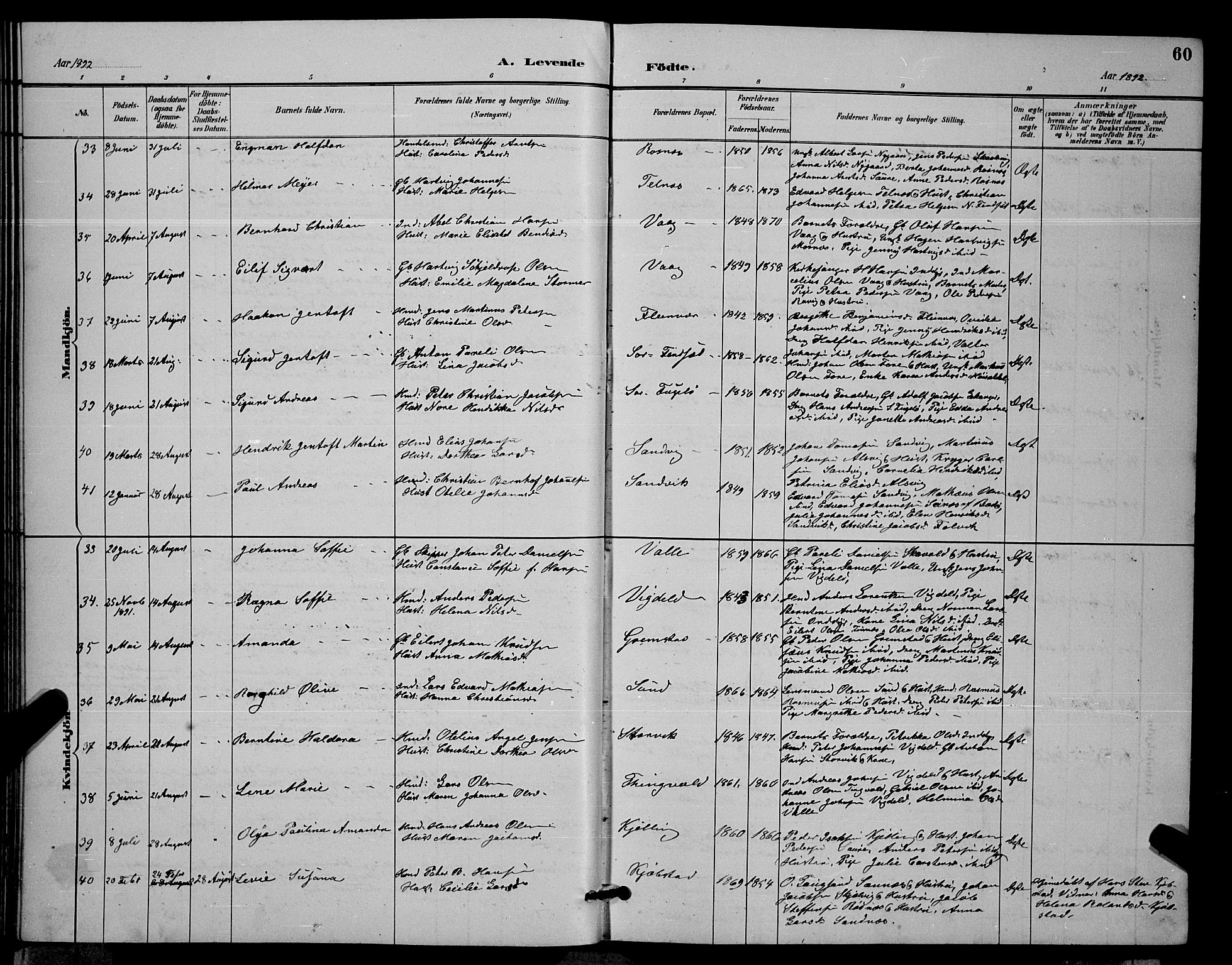 Ministerialprotokoller, klokkerbøker og fødselsregistre - Nordland, AV/SAT-A-1459/805/L0108: Parish register (copy) no. 805C04, 1885-1899, p. 60