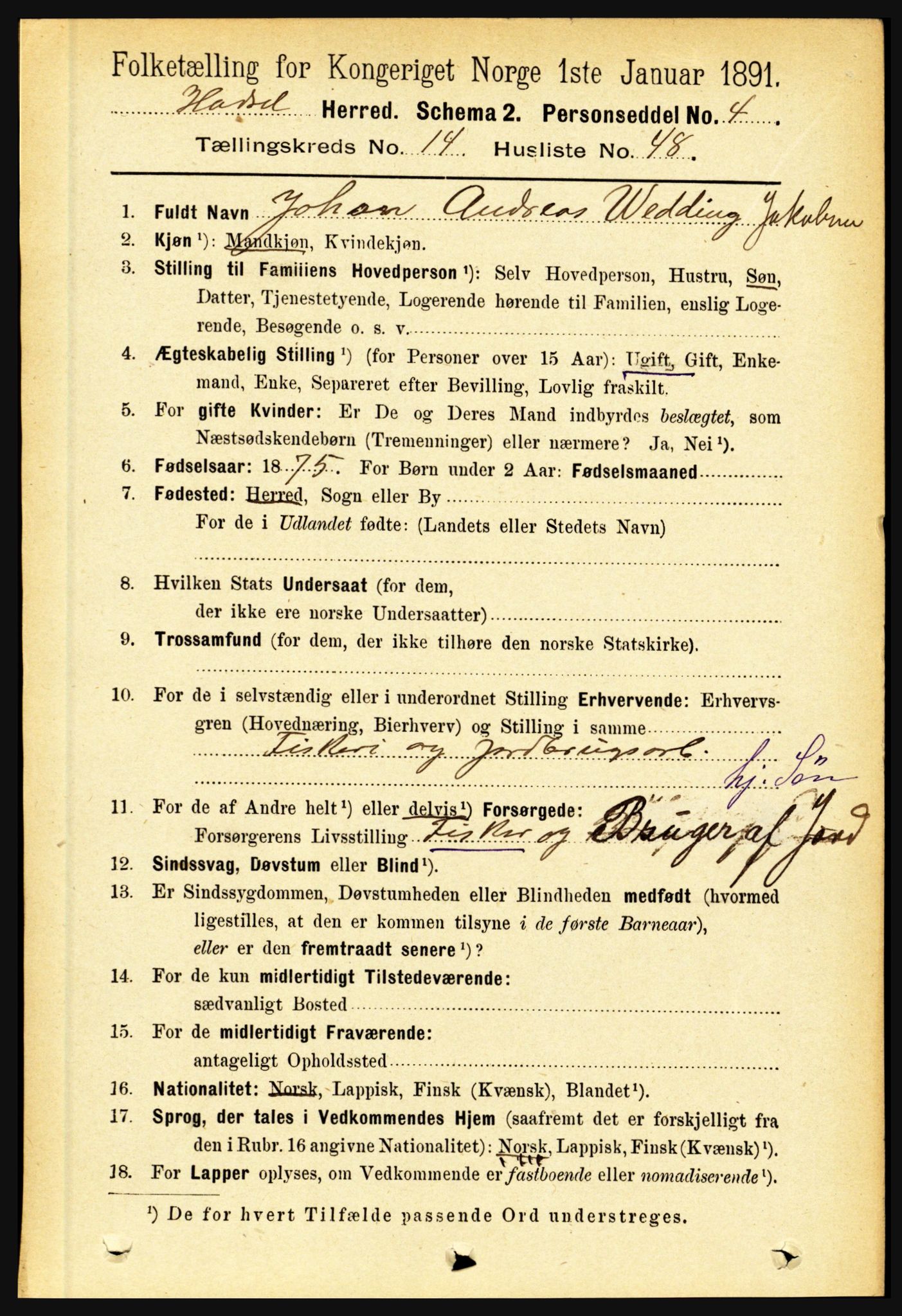 RA, 1891 census for 1866 Hadsel, 1891, p. 6638