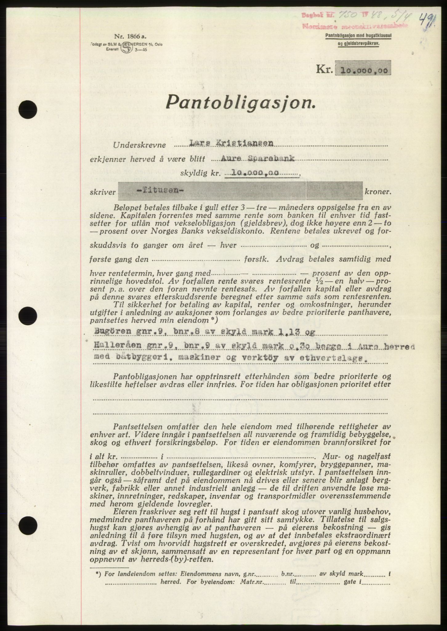 Nordmøre sorenskriveri, AV/SAT-A-4132/1/2/2Ca: Mortgage book no. B98, 1948-1948, Diary no: : 750/1948